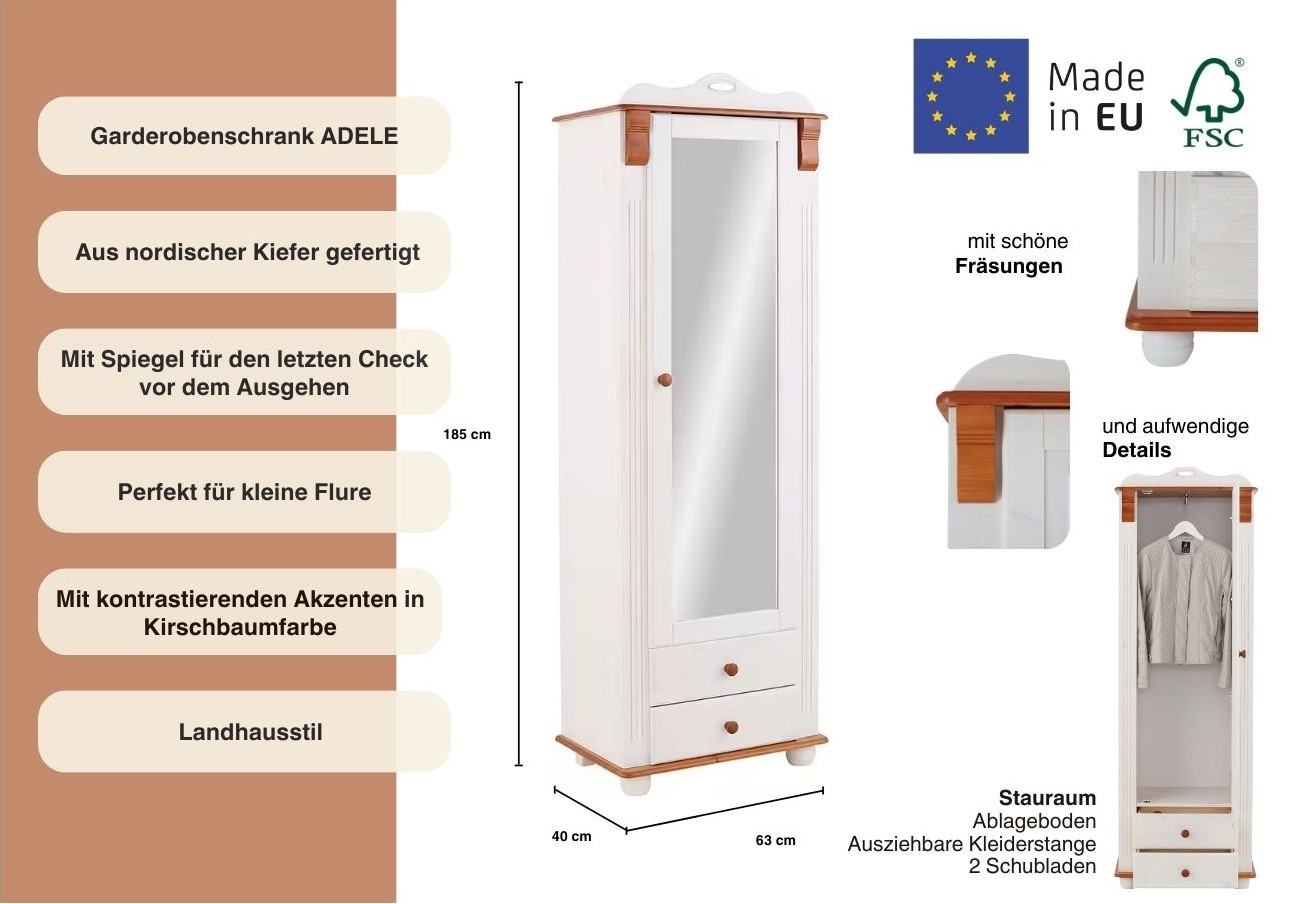 Home affaire Garderobenschrank »Adele«, mit Spiegel, Breite 63 cm, mit 2 Schubladen, aus massiver Kiefer, FSC®