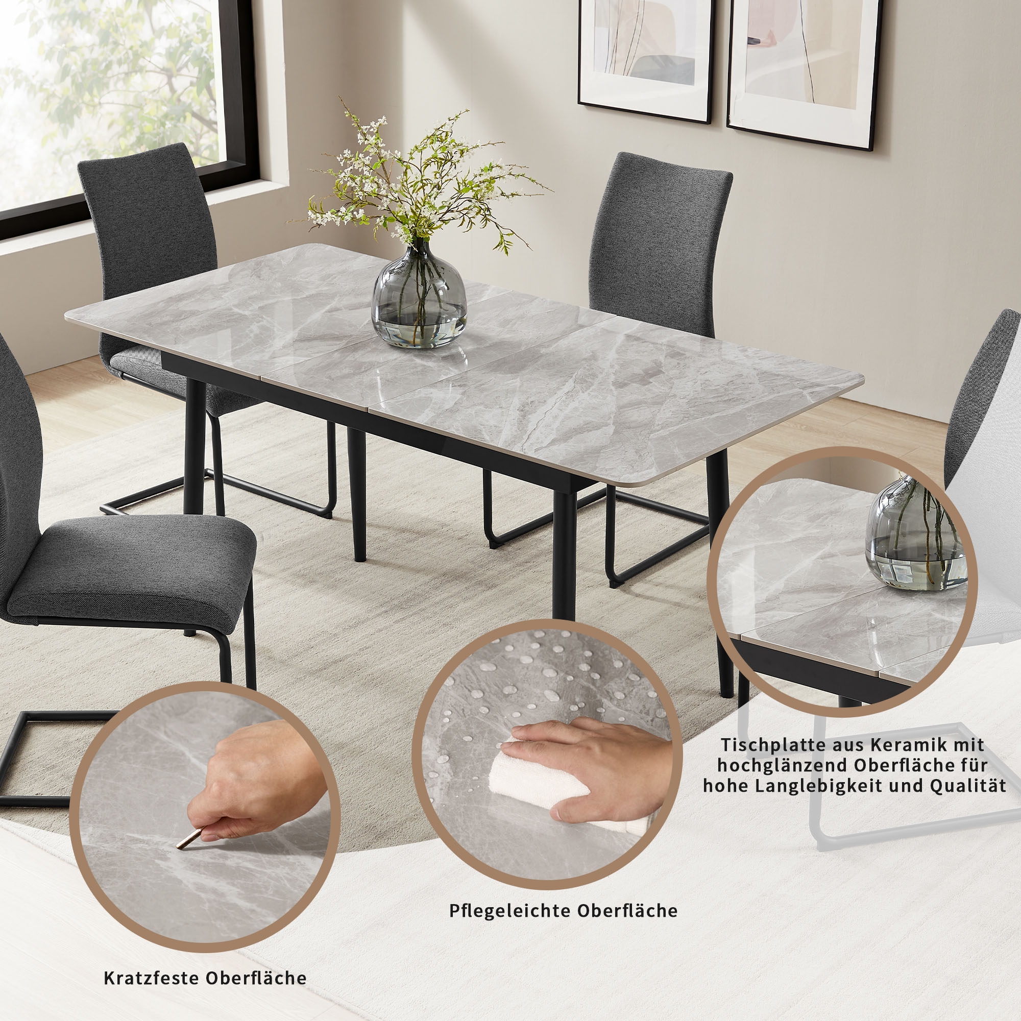 OTTO home Essgruppe »Stevian« Set, Ausziehbarer Esstisch + 4 Stühle, 5 Stk. tlg. Holz, Strukturstoffbezug, Freischwingerstühle, gesteppten Bänken