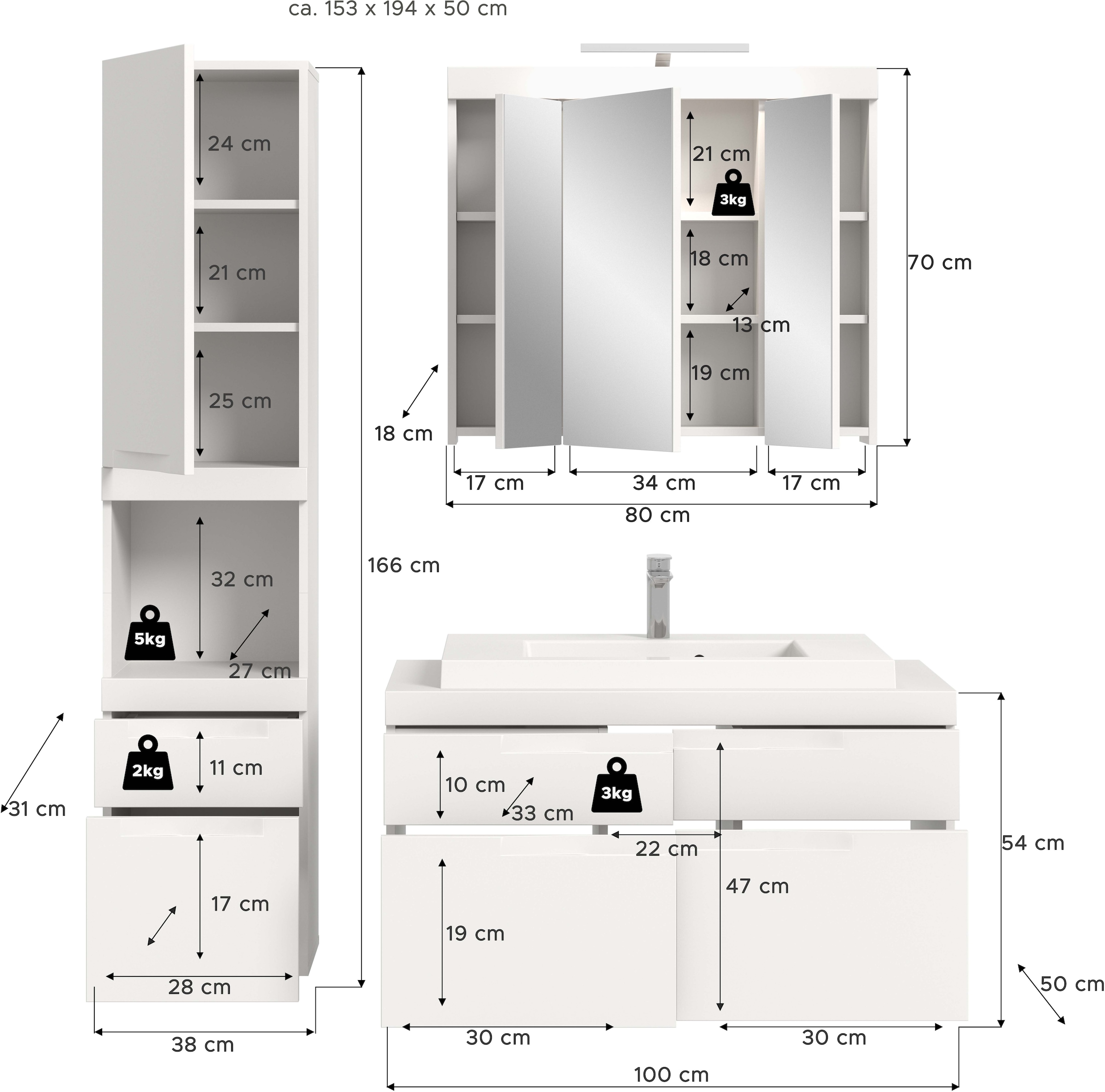 OTTO home Badmöbel-Set »MAOI, 3-tlg. Badkombi, hochwertige MDF Front, optional mit Beleuchtung«