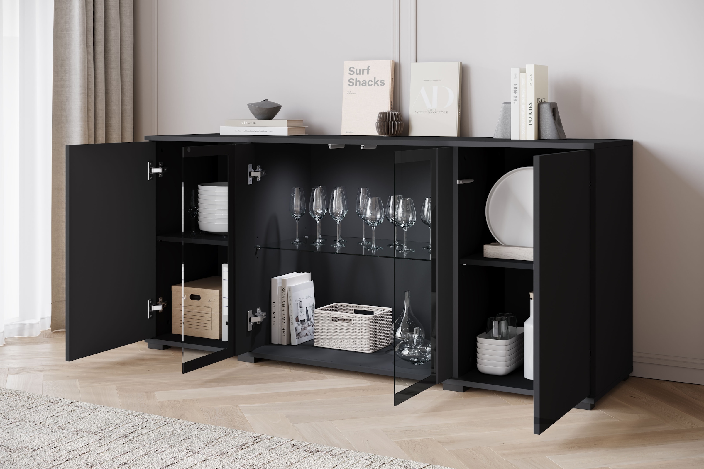 INOSIGN Sideboard »Caro, modernes Design mit Glaseinsätzen, Breite 150 cm«, (1 St.), Grifflose Fronten mit Push-to-Open, höhenverstellbare Einlegeböden