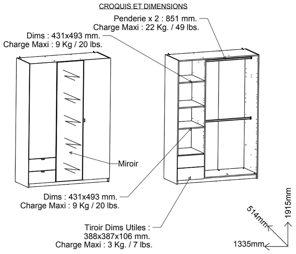 Demeyere GROUP Kleiderschrank »Mellie, mit Spiegel und 2 Schubladen, 3 Regale, 2 Kleiderstangen« H/B/ T ca. 191/134/52cm,  maximaler Stauraum, Made in France