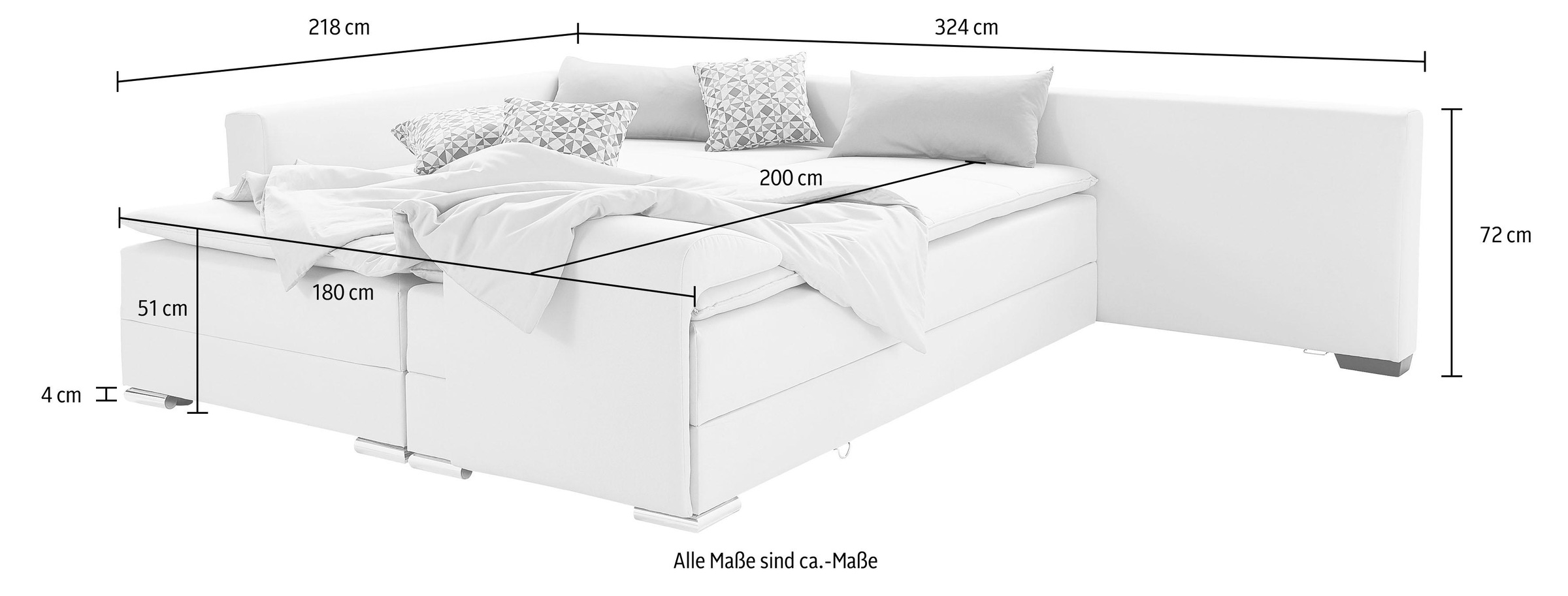 INOSIGN Ecksofa »Night & Day L-Form, B: 324 cm«, mit Bettfunktion, Bettkasten & 3 Zierkissen, Boxspringbett 180x200 cm