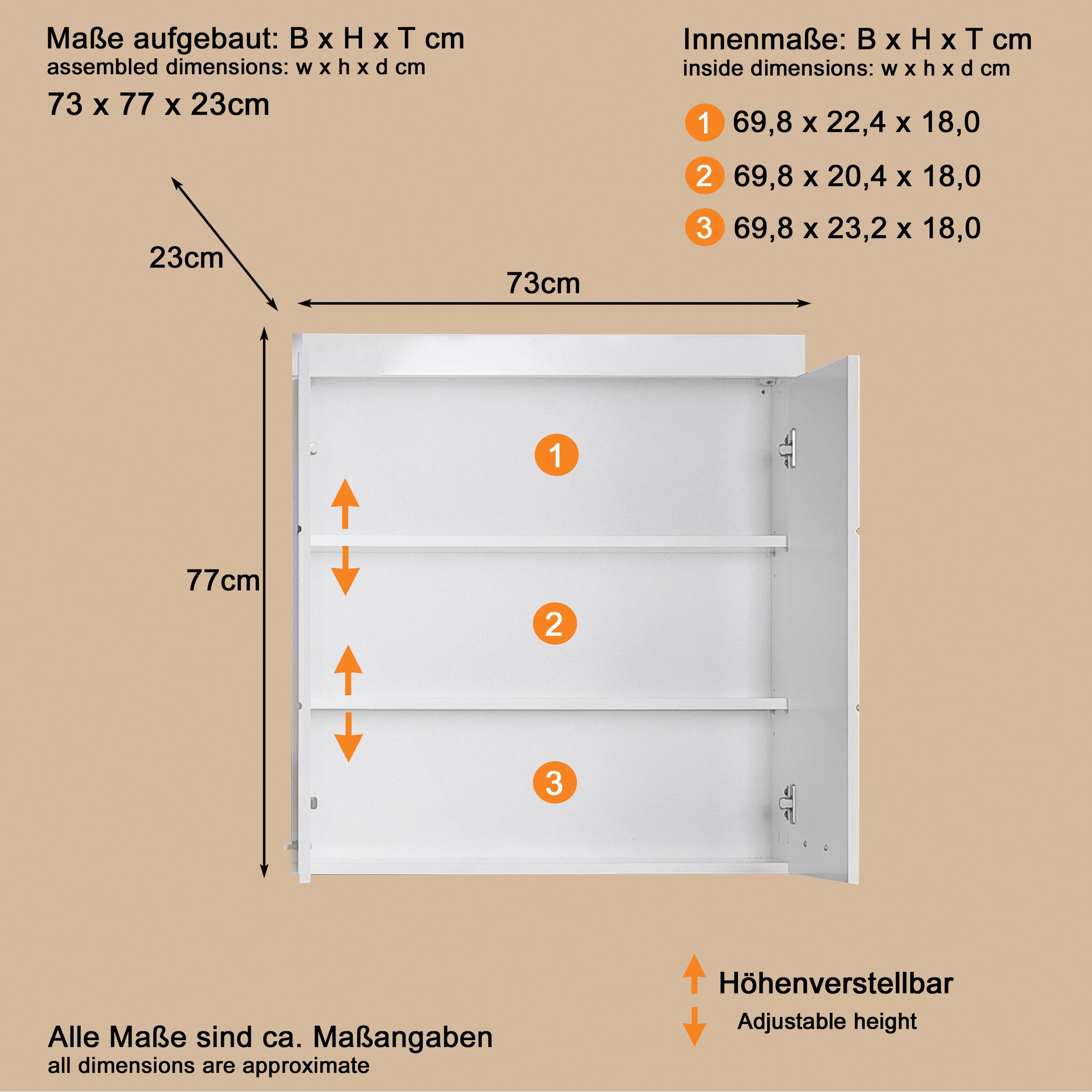 welltime Hängeschrank »Avena« Badschrank breit mit verstellbaren Böden - Maße (B/T/H) 73/23/77 cm
