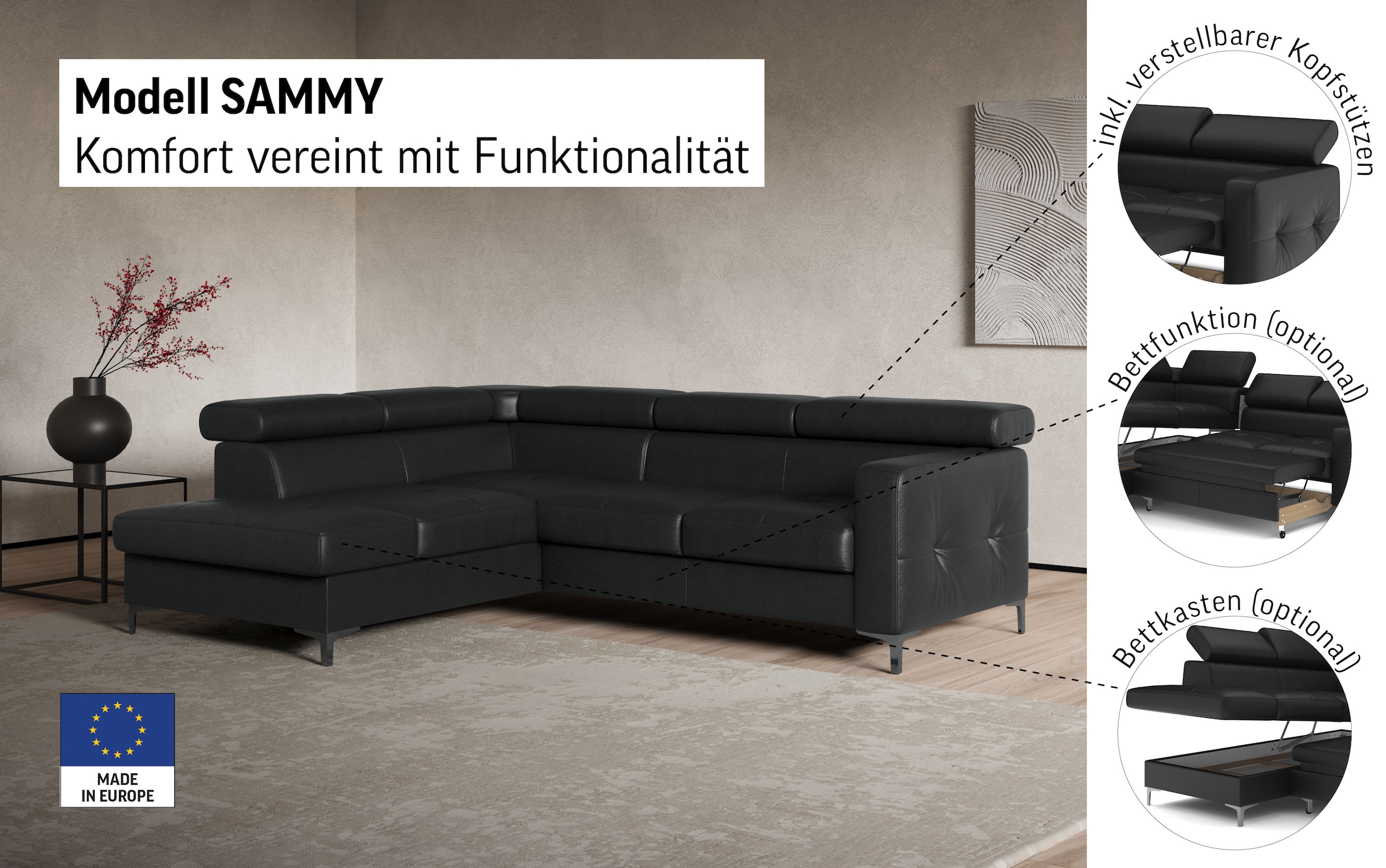 COTTA Ecksofa »Sammy L-Form«, mit Kopfteilverstellung, wahlweise mit Bettfunktion & Bettkasten