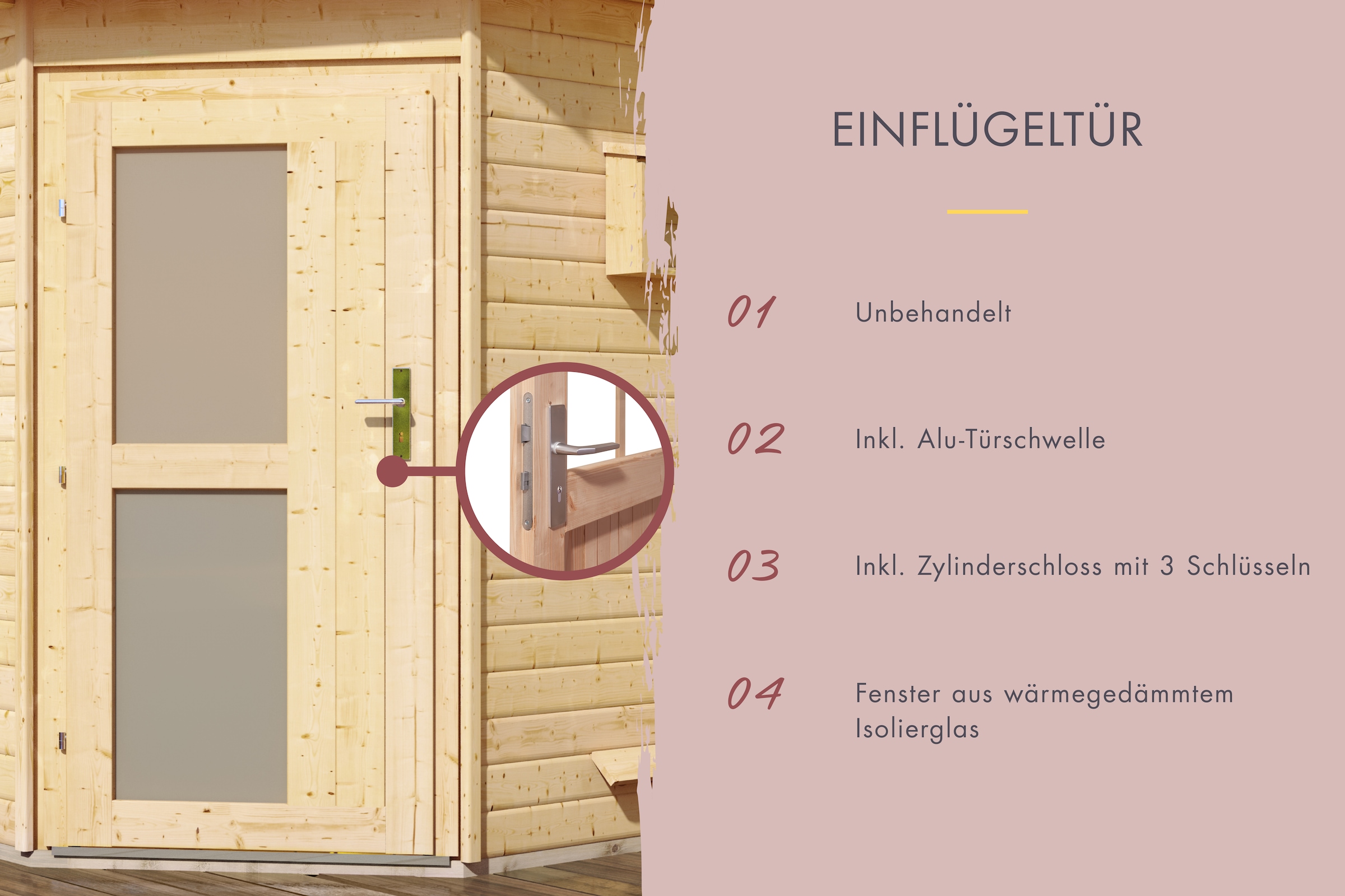 Karibu Saunahaus »»Simon 3« mit Milchglastür, naturbelassen« Set,  9 kW Ofen mit integrierter Steuerung