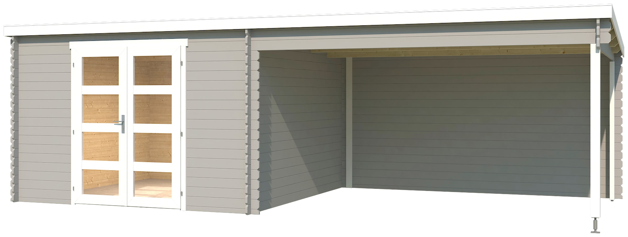 LASITA MAJA Gartenhaus »New Orleans« Blochbohlenhaus 28mm Anbau , Fundamentmass 3300x3300+3800 , Lichtgrau