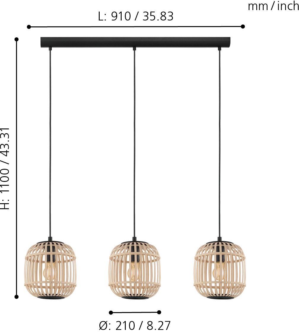 EGLO Pendelleuchte »BORDESLEY«, 3 flammig, Leuchtmittel E27 | ohne Leuchtmittel, schwarz / L91 x H110 x B21 cm / exkl. 3 x E27 (je max. 28W) / Esstisch