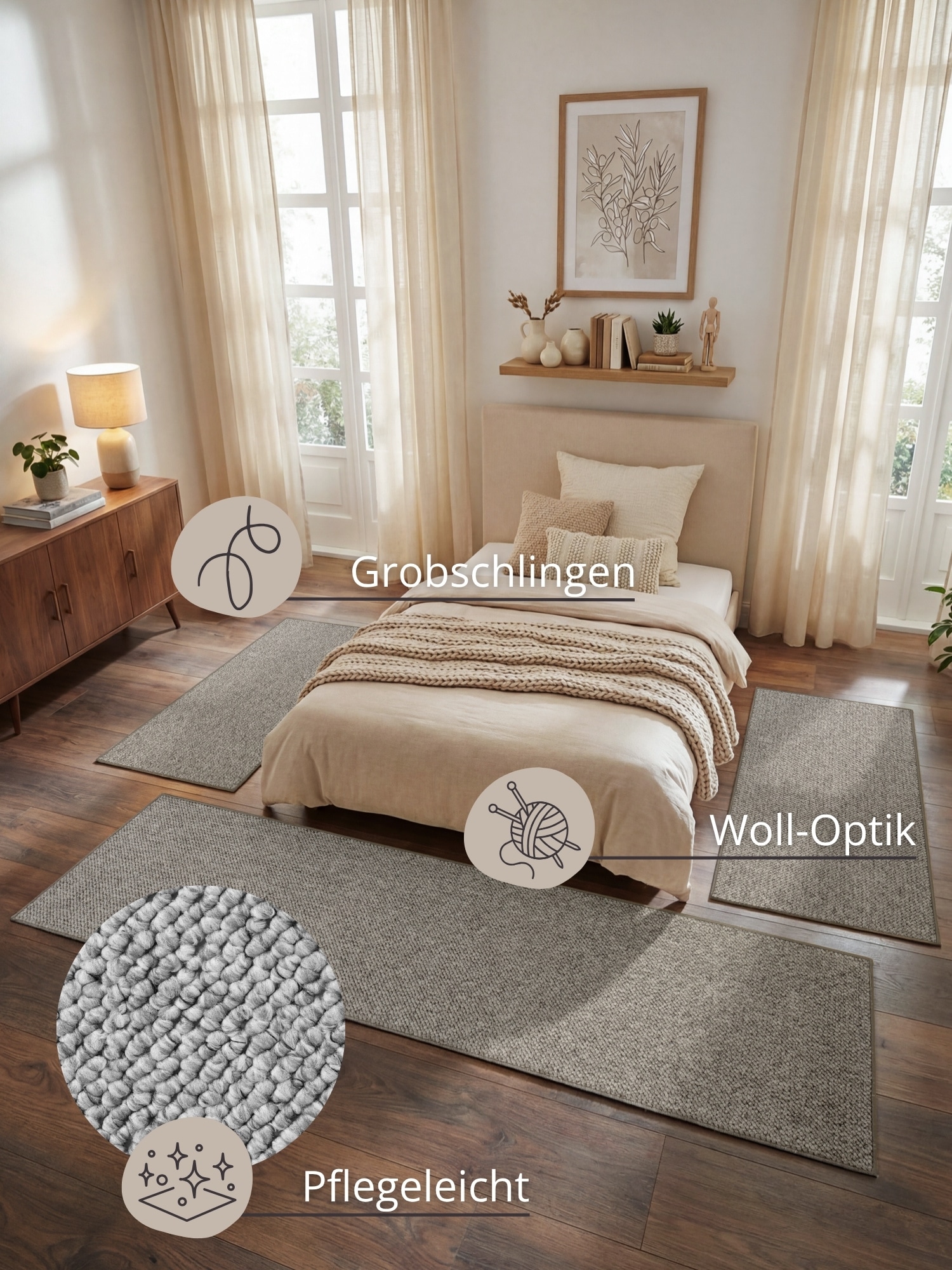 HANSE Home Bettumrandung »Wolly 2« Höhe 12 mm 3 Stk. tlg. Bettvorleger, 3-teiliger Läufer Set, Unifarben, Kurzflor, Bettläufer