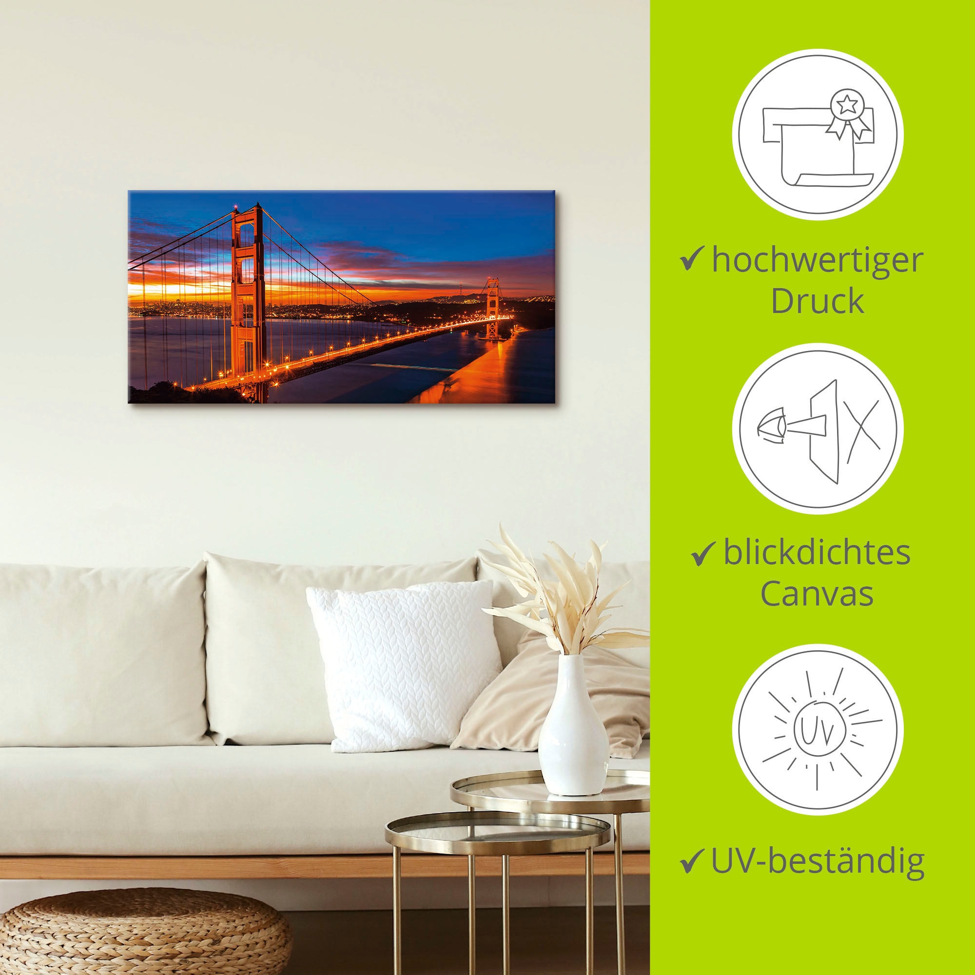 Artland Wandbild »The Golden Gate Bridge am frühen Morgen«, Brücken, (1 St.), als Leinwandbild, Wandaufkleber in verschied. Größen