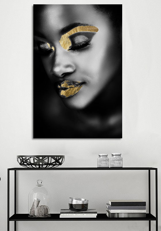 queence Acrylglasbild »Chepre«, Frau-Gemälde-Frau-Bilder von Frauen-Mode-Modern-Fashion-Magazincover, (1 St.), von Hand eingearbeitete Blattgold Applikationen