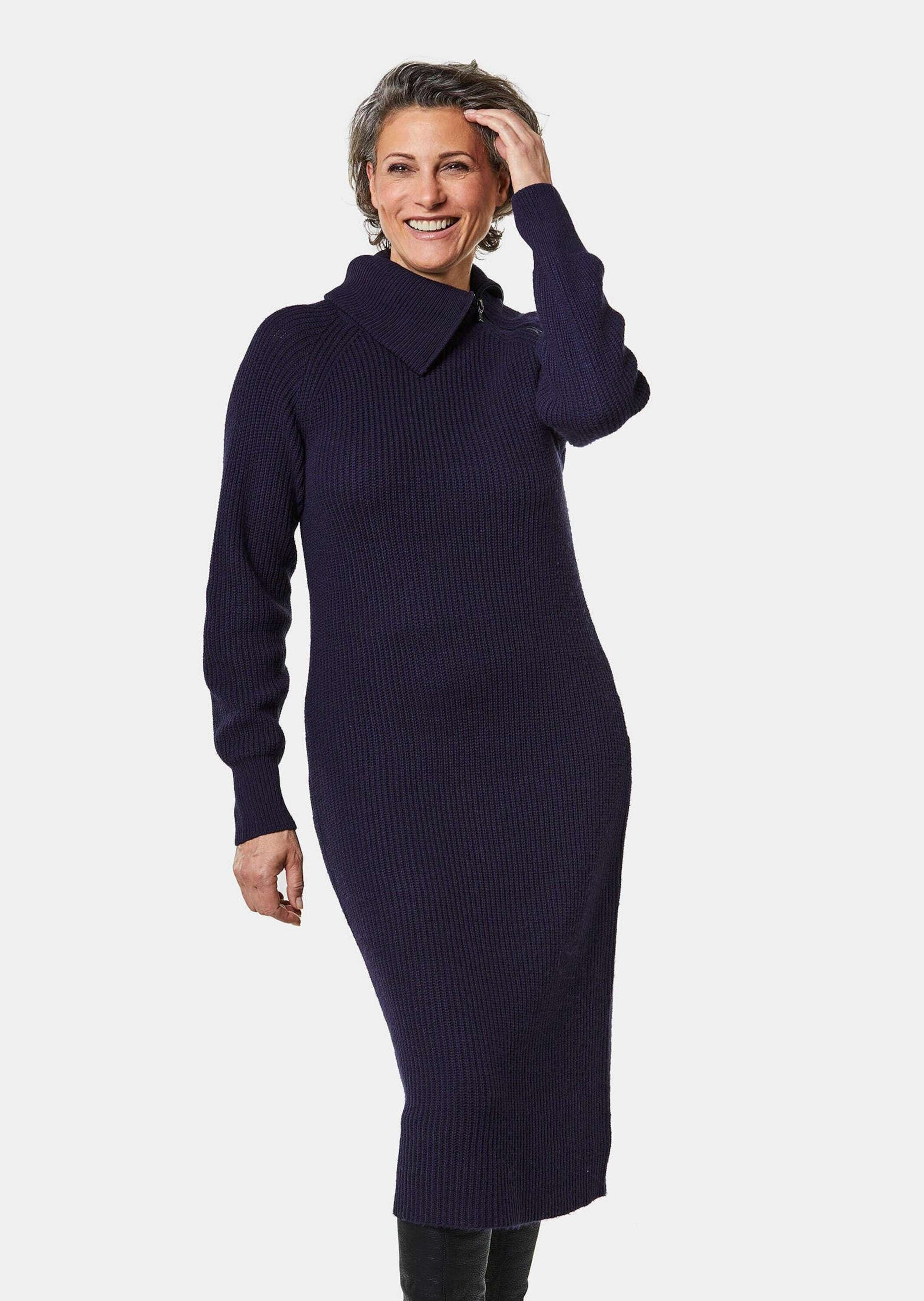 GOLDNER Strickkleid »Kurzgröße Strickkleid mit raffiniertem asymmetrischem Kragen«