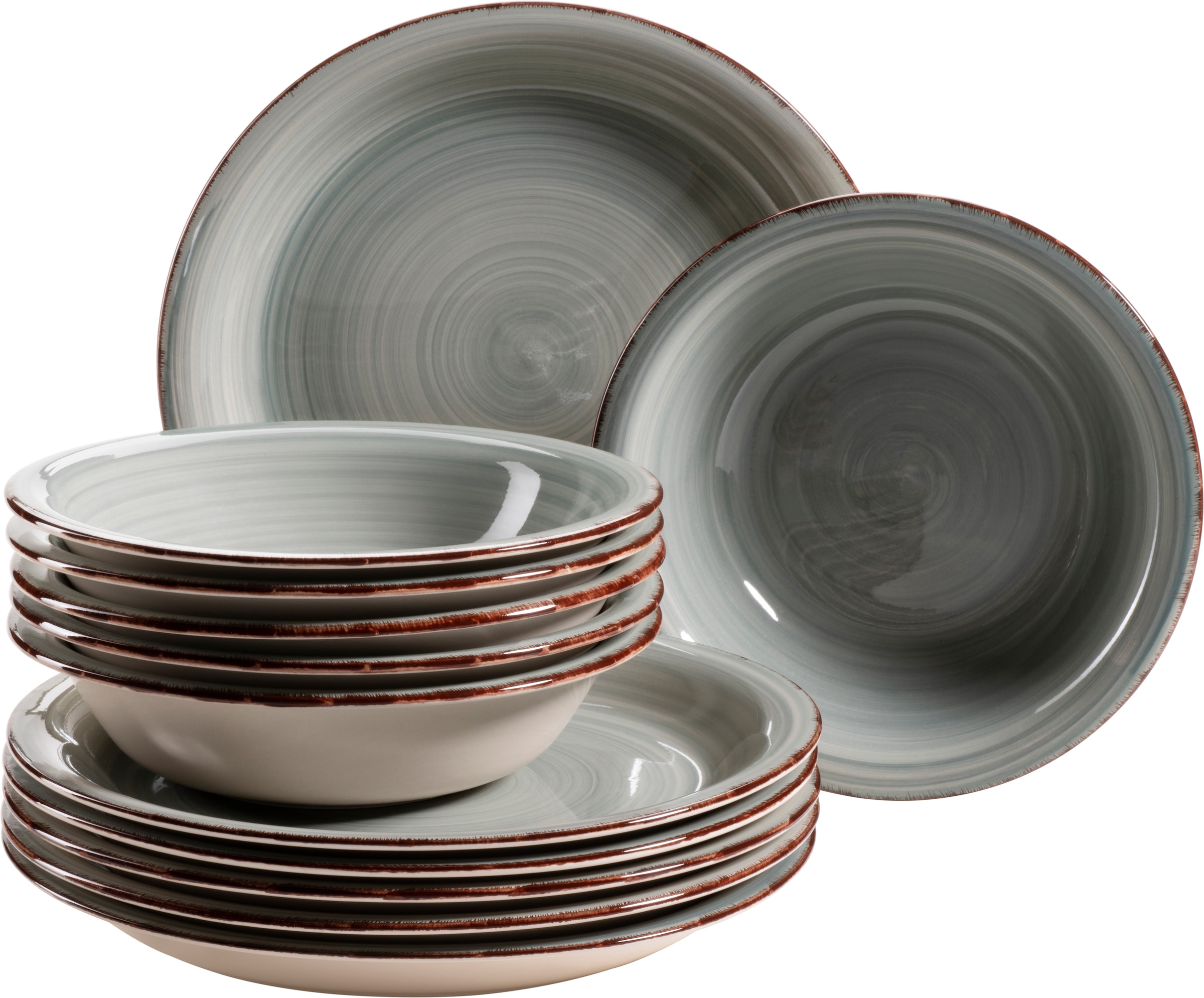 OTTO home Tafelservice »Teller Set, Geschirr-Set BELL TEMPO, Keramik, 12 Teile für 6 Personen« rustikale Holzoptik mit Spiraldekor, 12 Teile, für 6 Personen