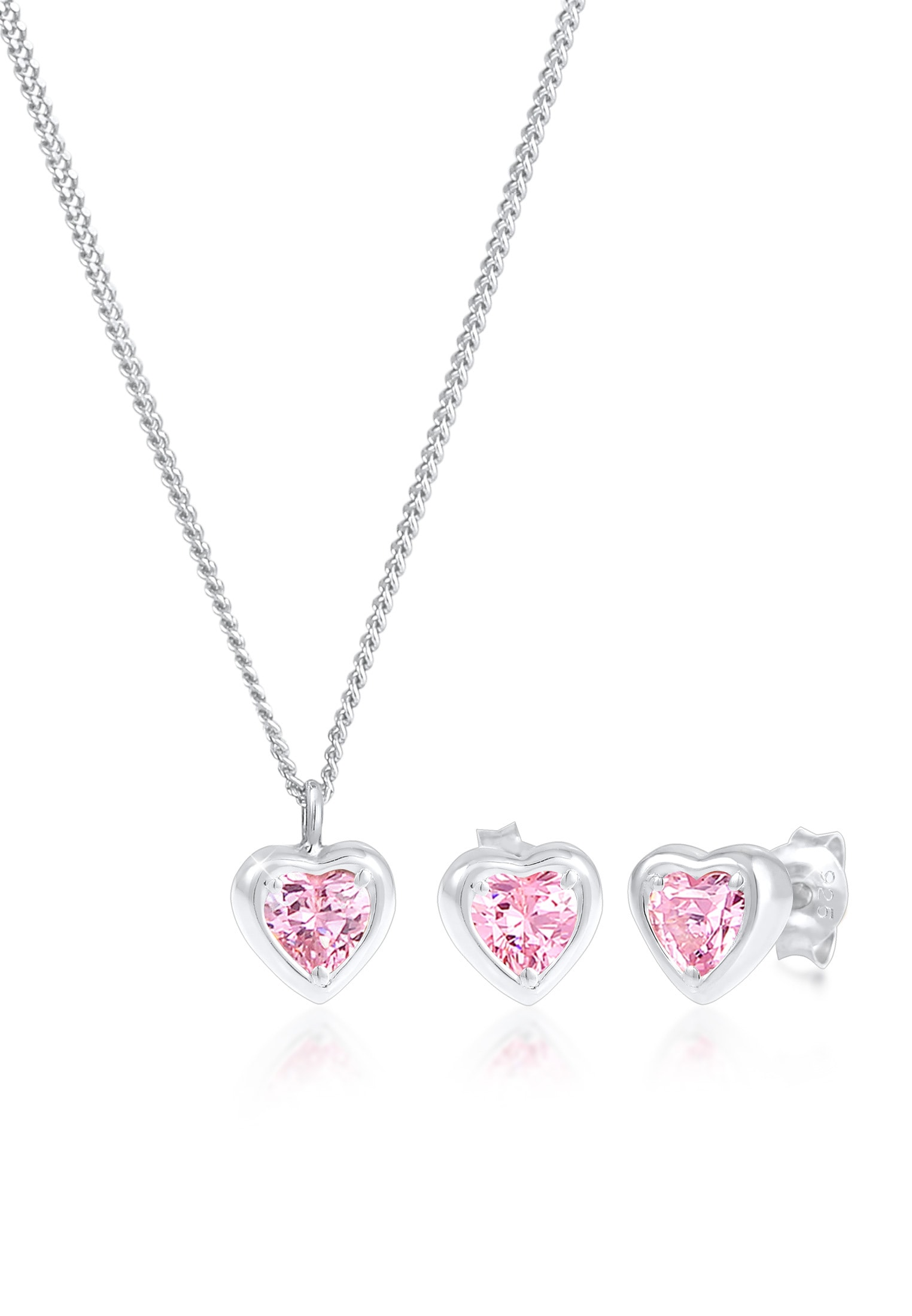 Elli Ohrring und Ketten Set »Schmuckset Kinder Kette Stecker Herz Zirkonia Rosa 925 Silber« ()
