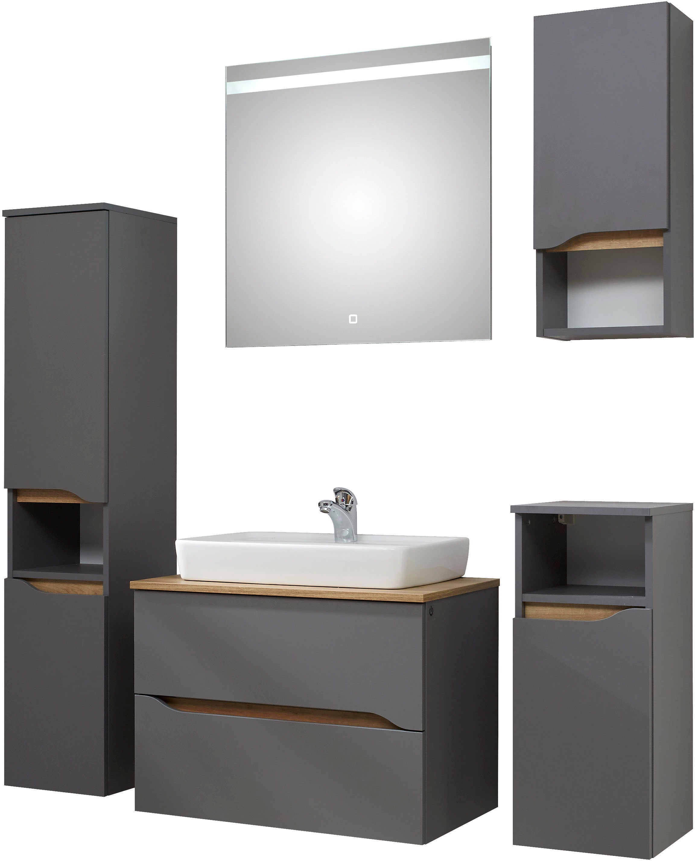 Saphir Badmöbel-Set »Quickset 5-teilig, Keramik-Aufsatzbecken mit LED-Spiegel« 7 Stk. tlg.