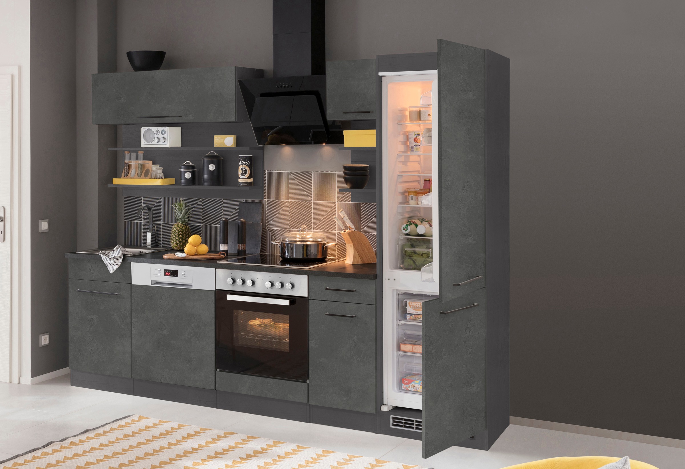 KOCHSTATION Küchenzeile »KS-Tulsa«, mit E-Geräten, Breite 270 cm, schwarze Metallgriffe, MDF Fronten