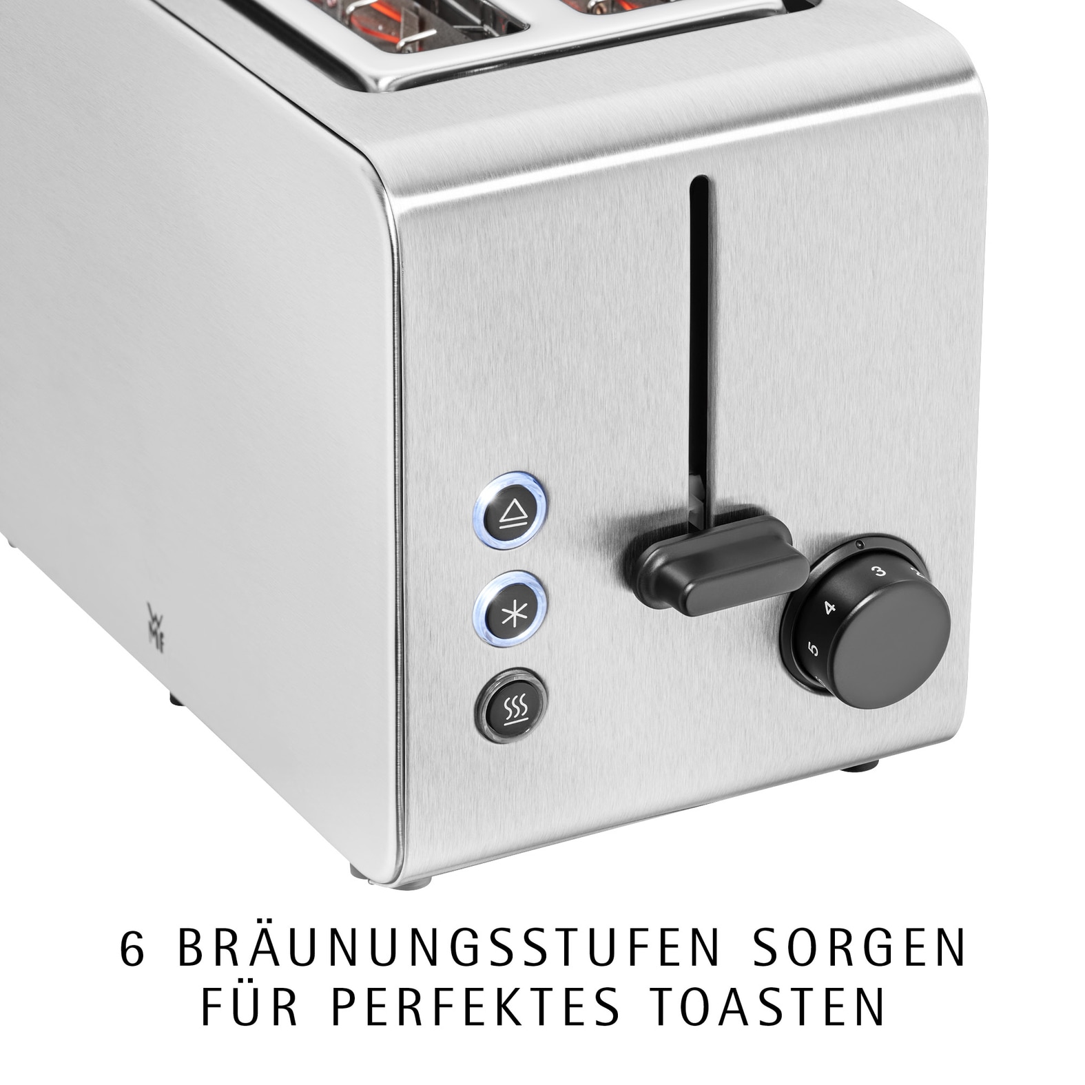 WMF Toaster »Stelio Edition, 2-Schlitz-Toaster, Brötchenaufsatz, 7 Bräunungsstufen« 2 kurze Schlitze für 2 Scheiben 1050 W Brotzentrierung, Krümelschublade, seidenmattes Cromargan Gehäuse
