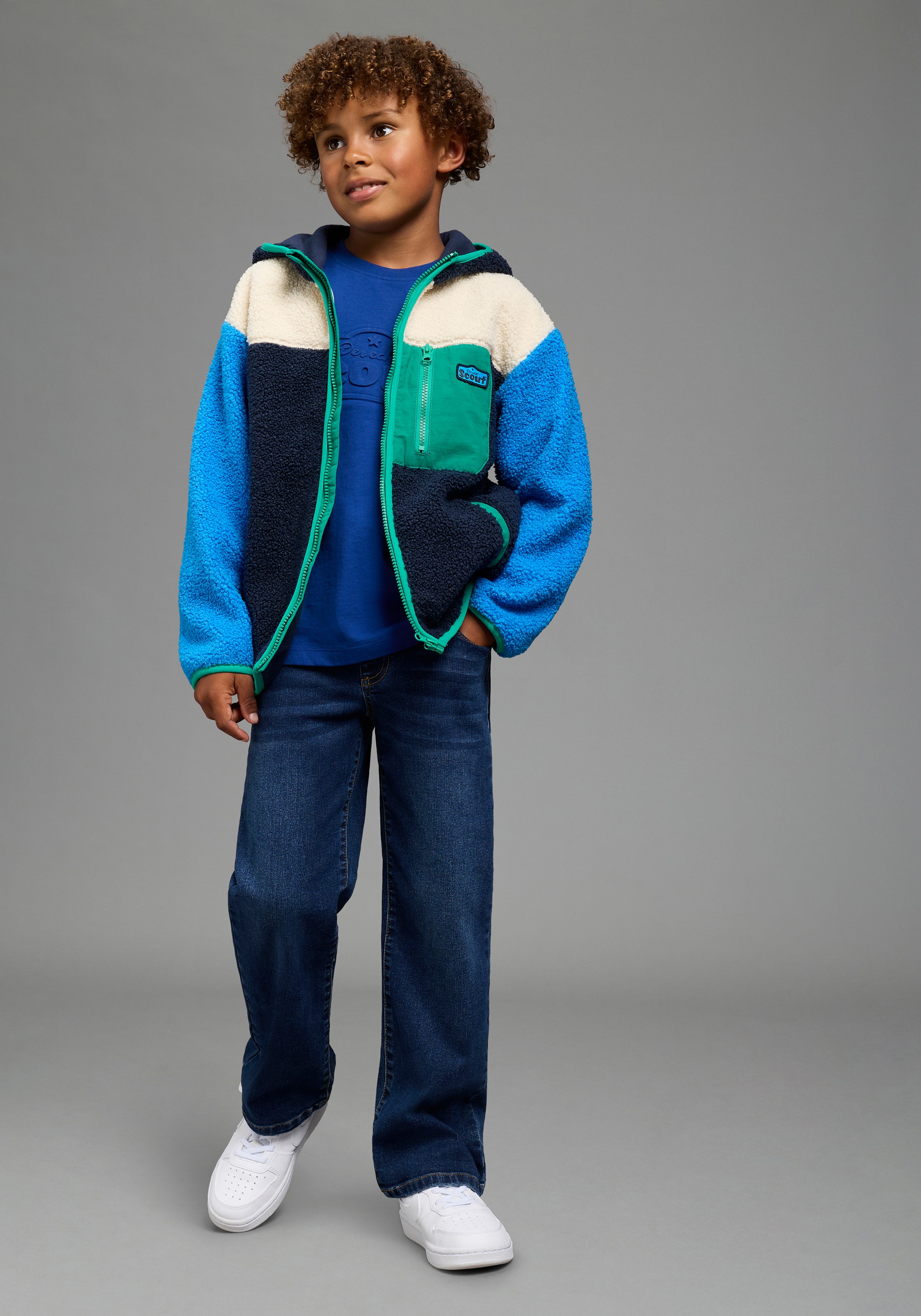 Scout Kapuzensweatjacke »Tedey-Fleecejacke Colorblocking - NEU von SCOUT« Teddyplüschjacke mit Kapuze und Stehkragen, hüftlanger Schnitt