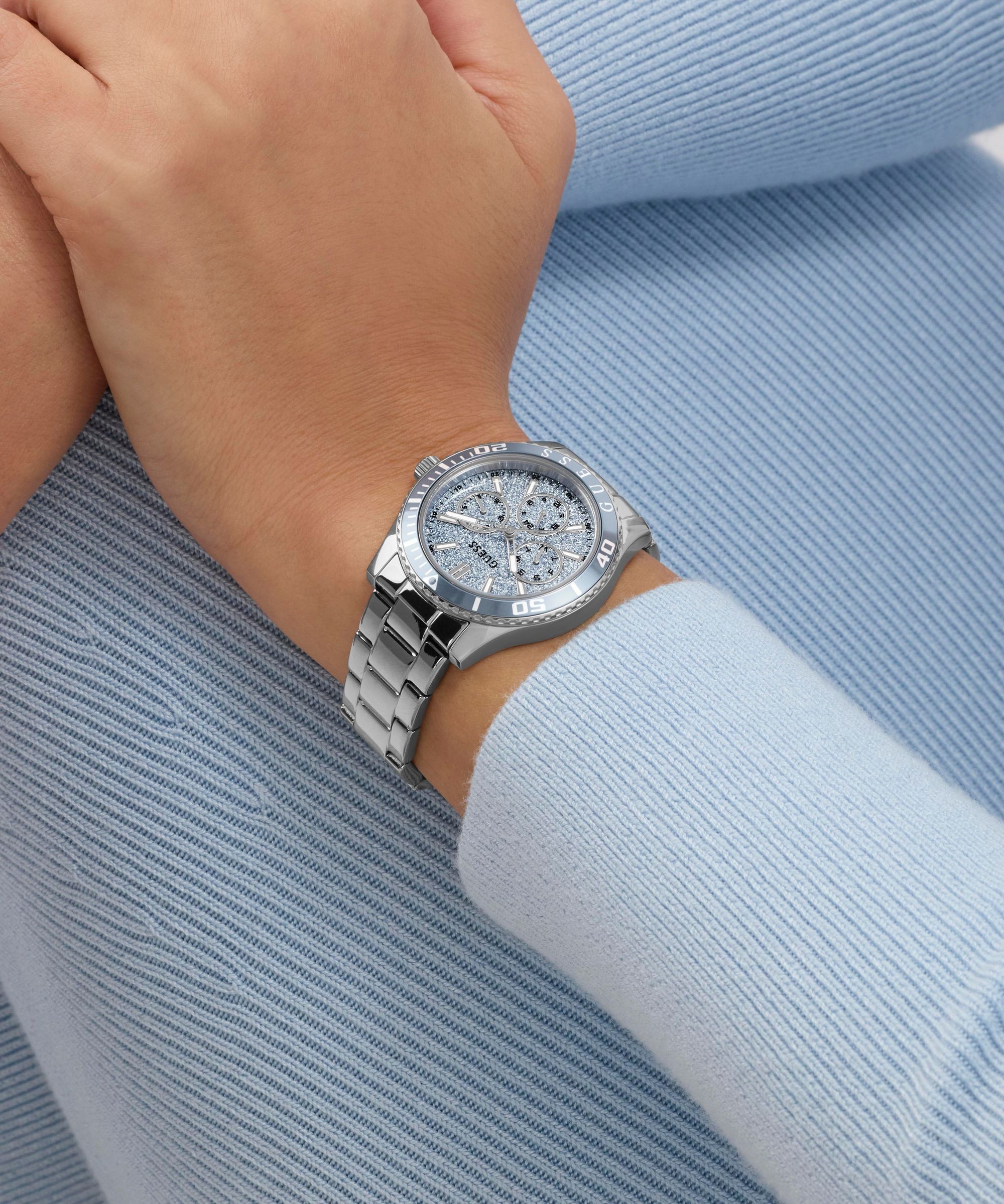 Guess Multifunktionsuhr »MARIANA« Quarzuhr, Armbanduhr, Damenuhr, Edelstahlarmband, analog, Wochentag