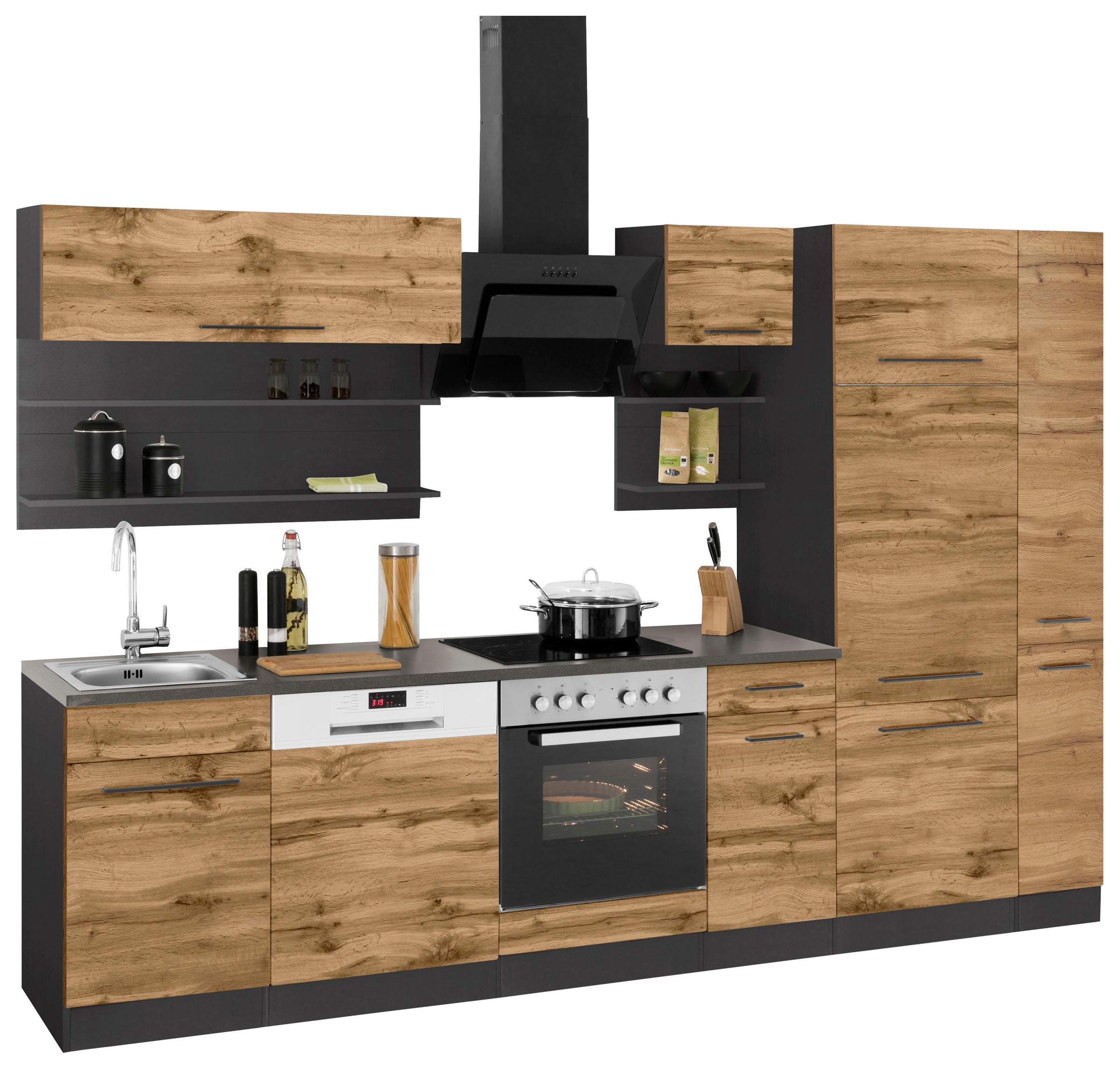 KOCHSTATION Küchenzeile »KS-Tulsa«, mit E-Geräten, Breite 300 cm, schwarze Metallgriffe, MDF Fronten