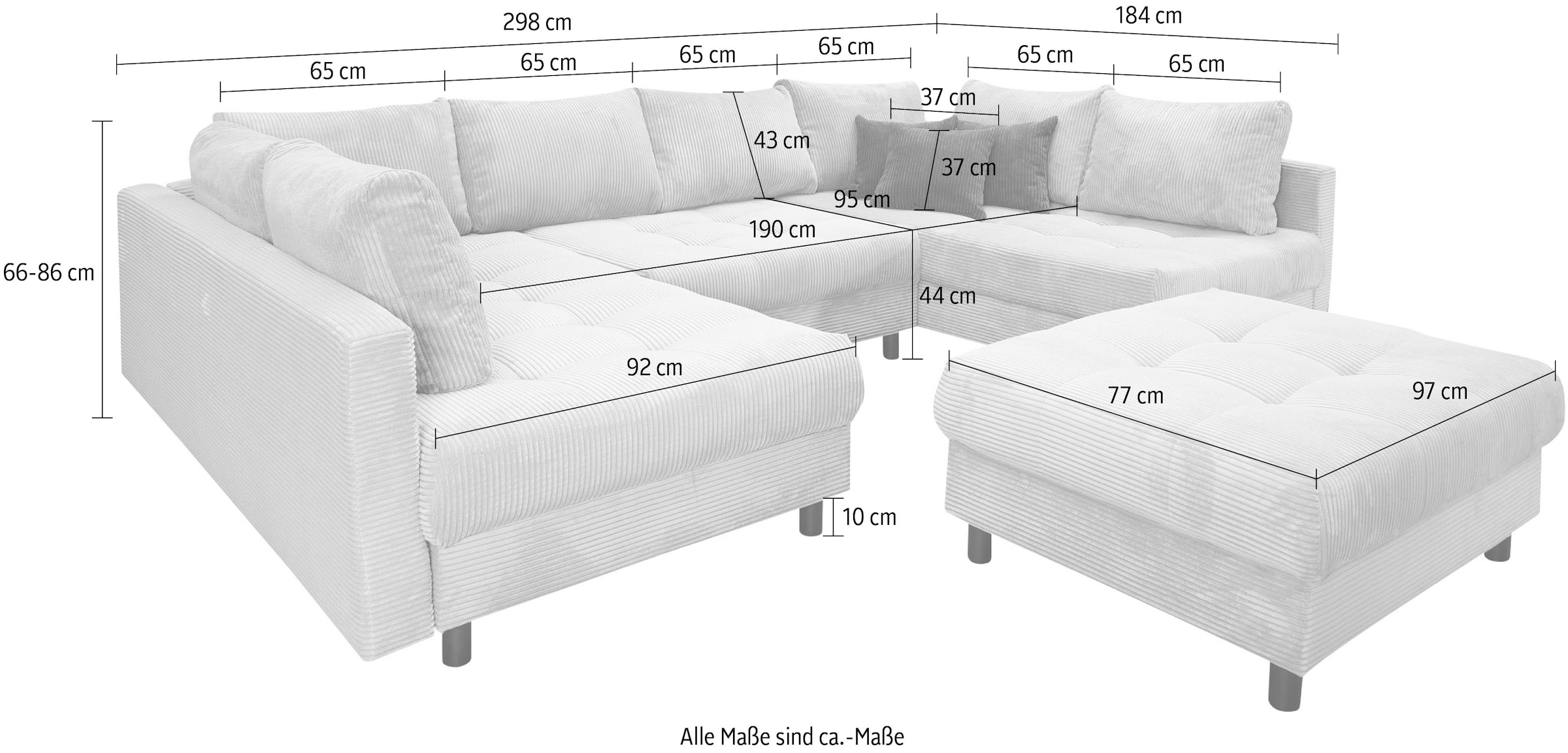 Home affaire Wohnlandschaft »Toni U-Form«, (Cord-Bezug), mit zwei unterschiedlich großen Ottomanen, Federkern-Polsterung