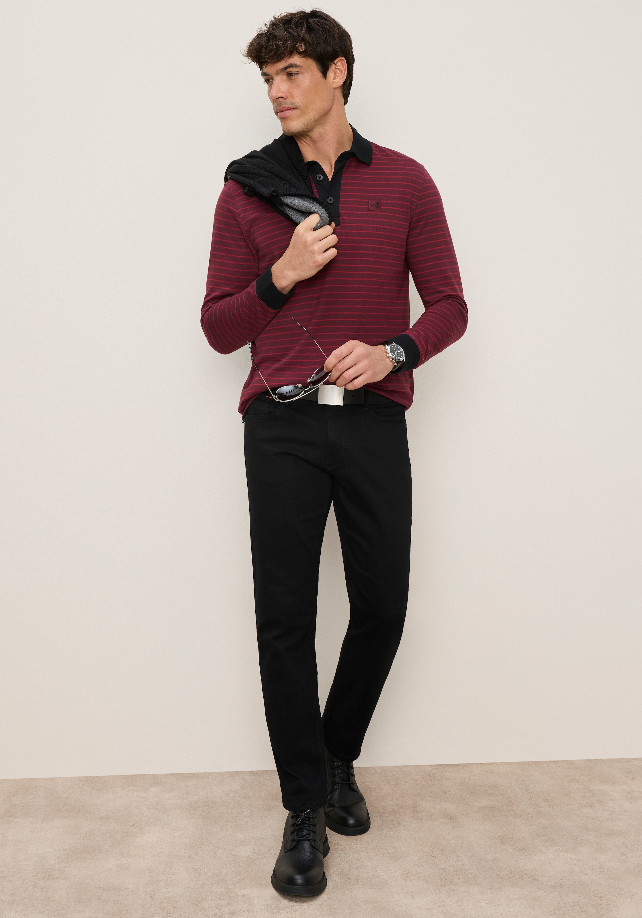 Man's World Poloshirt Normale Passform, mit Langarm, mit Polokragen, geringeltes Design