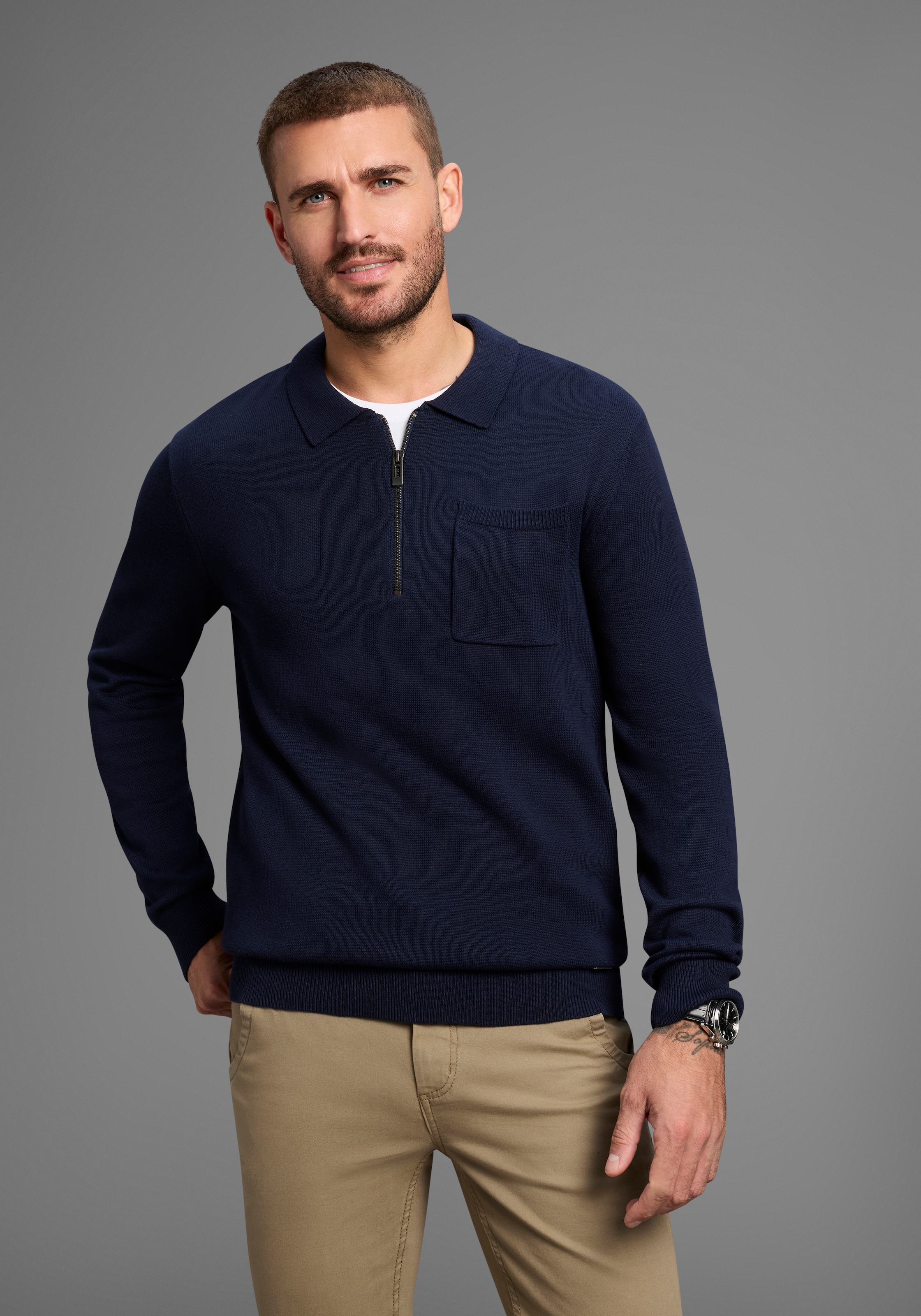 Bruno Banani Polokragenpullover, mit Reißverschluss und Brusttasche