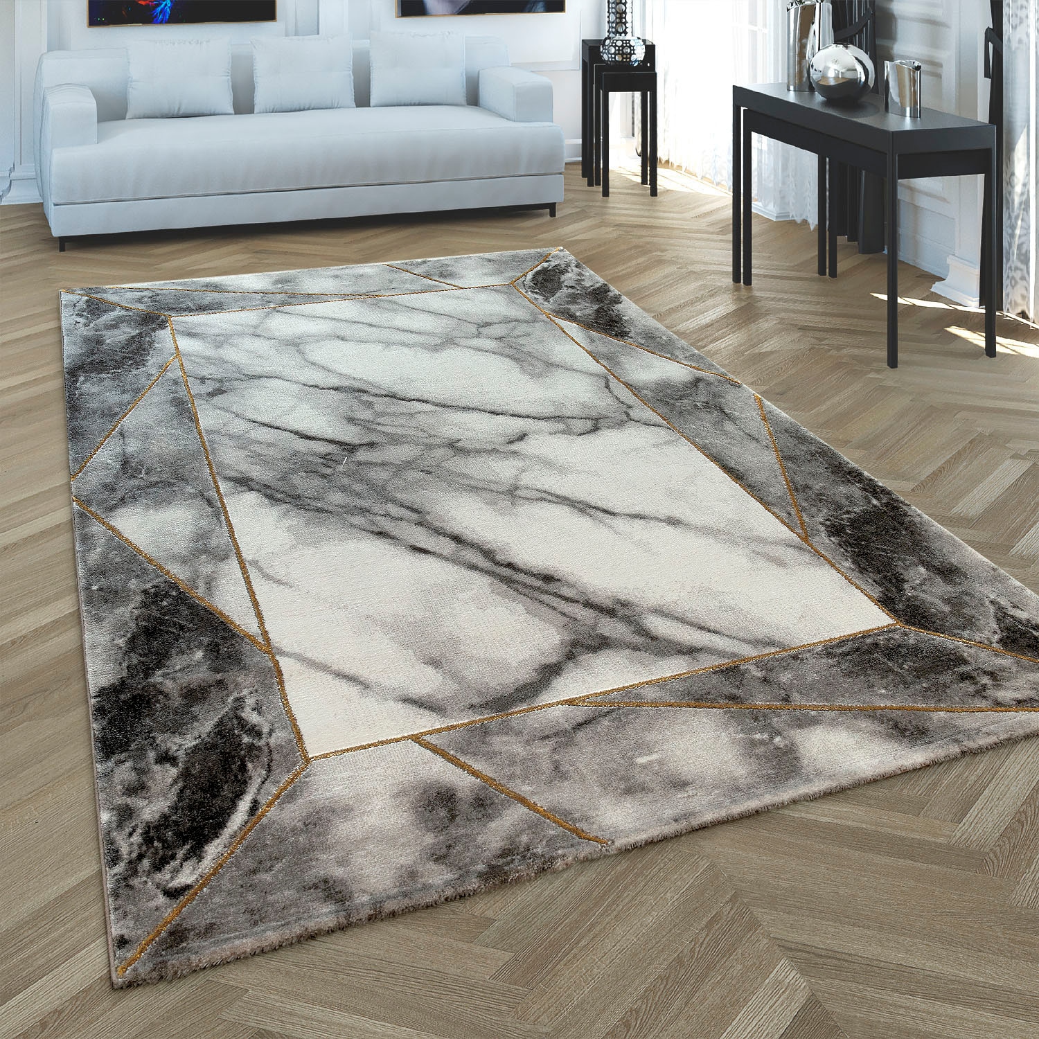 Paco Home Teppich »Kraft 525«, rechteckig, 16 mm Höhe, Kurzflor, Marmor-Design mit Bordüre, mit gold-/silberfarbenen Akzenten