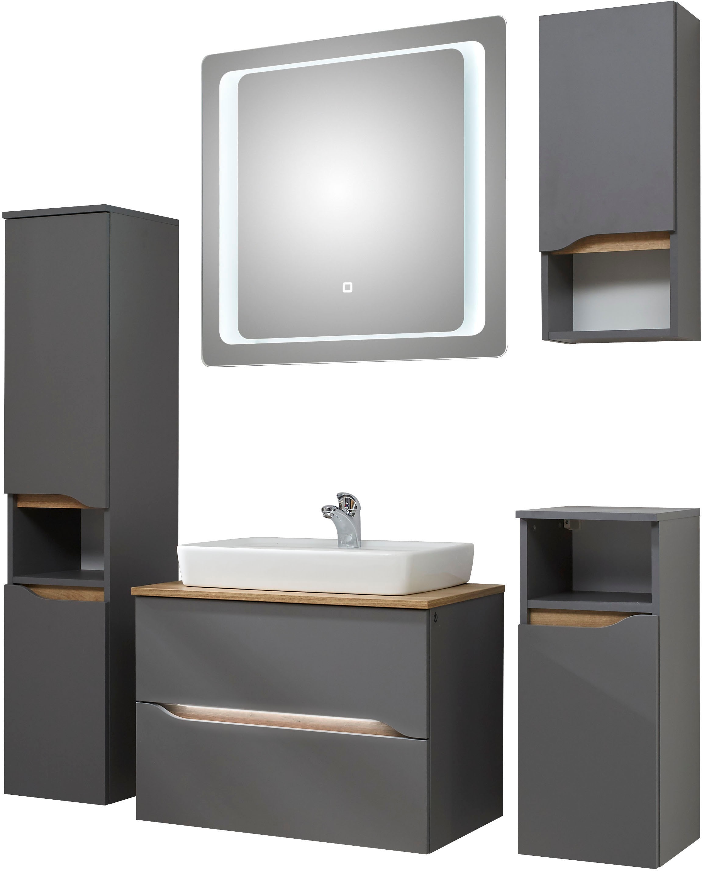 Saphir Badmöbel-Set »Quickset 5-teilig, Keramik-Aufsatzbecken mit LED-Spiegel« 8 Stk. tlg.