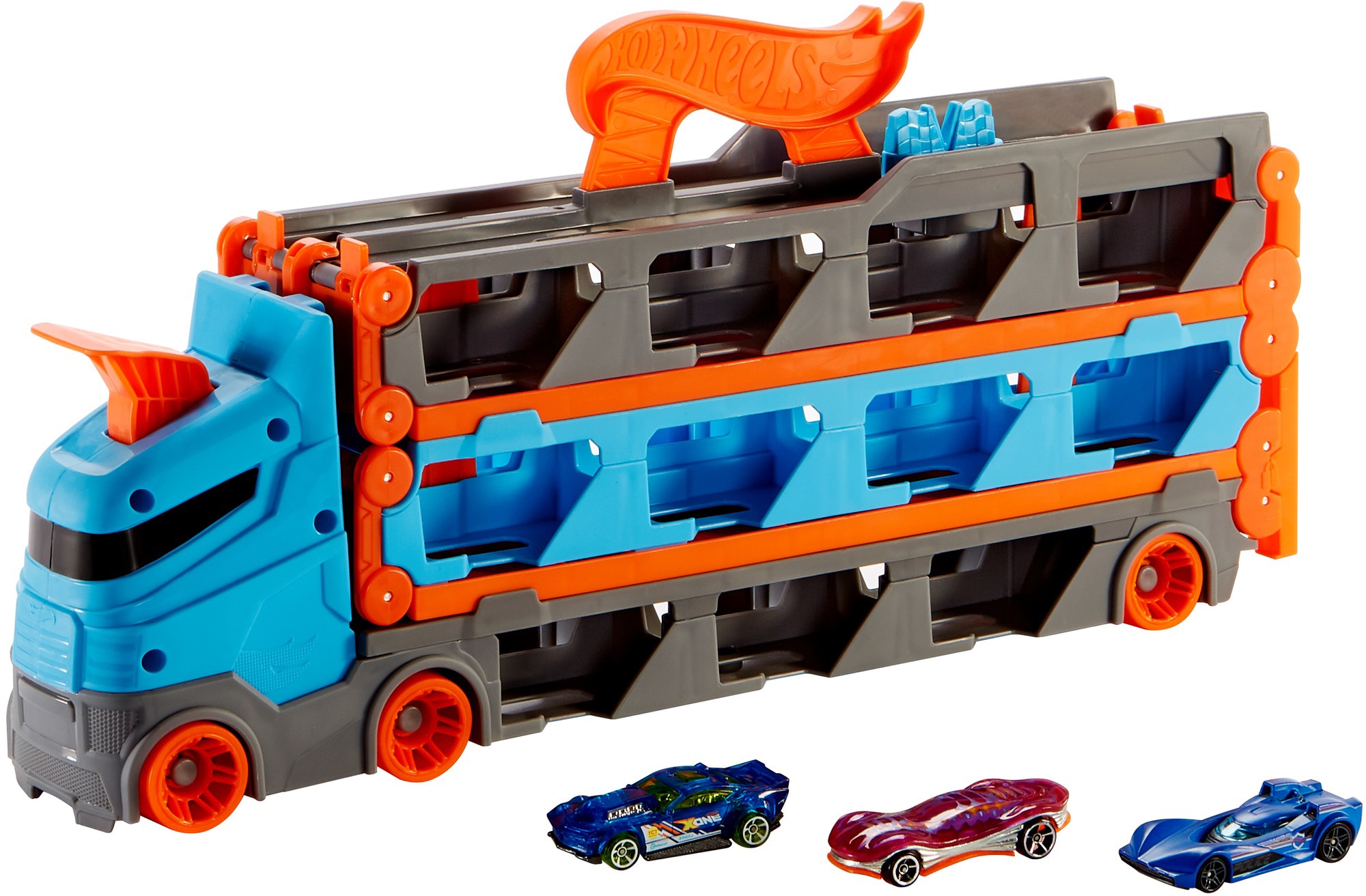 Spielzeug-Transporter »2-in-1 Rennbahn-Transporter«, mit drei Hot Wheels Fahrzeugen