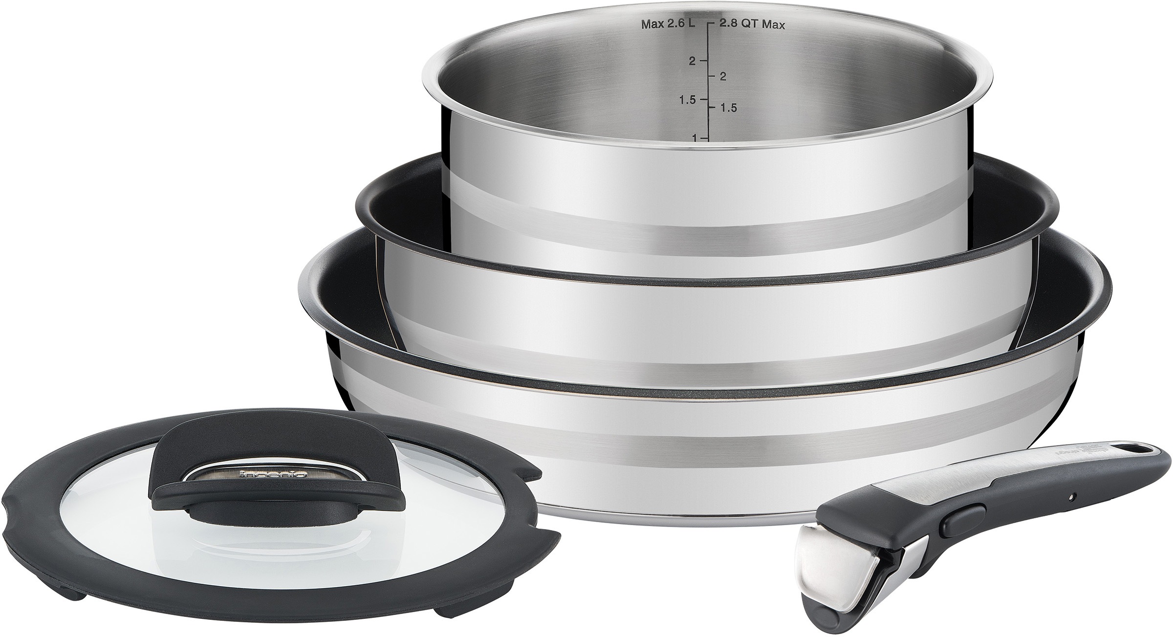 Tefal Pfannen-Set »L95690 Ingenio by Jamie«, Edelstahl, (Set, 5 tlg.), abnehmbarer Griff, Antihaft-Versiegelung, Thermo-Spot-Temperaturanzeiger, induktionsgeeignet