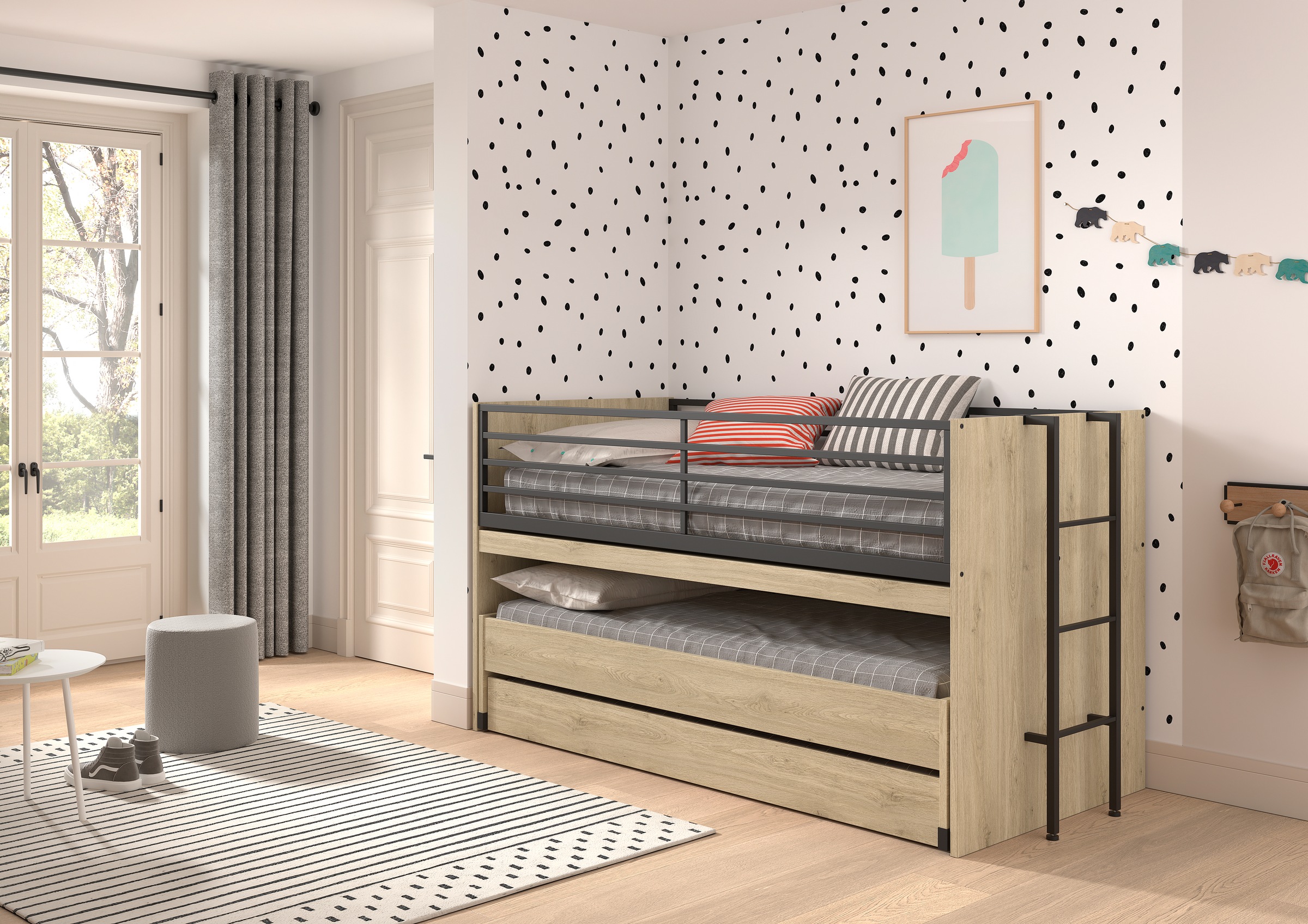 Home affaire Etagenbett »praktisches Etagenbett mit viel Funktion, 2 Dekore zur Wahl«, (B/H/T ca. 219x114x98cm, Metall Leiter und Absturzschutz in schwarz), für kleine Räume, 2 Liegefl., Bettschublade, inkl. Schreibtisch