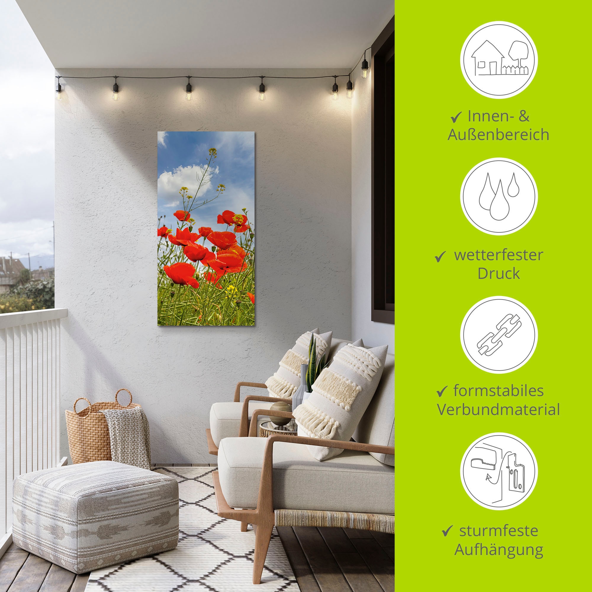 Artland Alu-Dibond-Druck »Mohnblumen im Panorama« Blumenbilder 1 Stk. tlg. für Innen- und Außenbereich geeignet, Outdoorbild