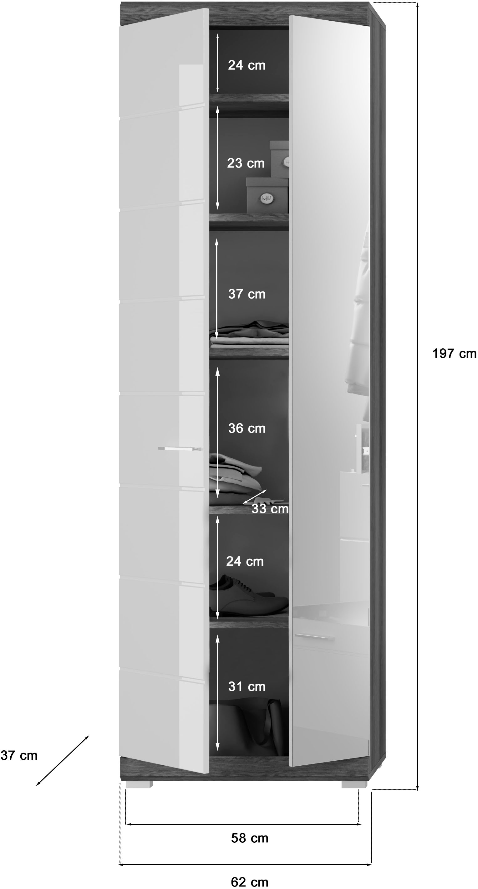 INOSIGN Garderobenschrank »Siena, Höhe 197cm, 2 Türen, 4 Einlegeböden, ausziehbare Kleiderstange«, Front-Rillenfräsung, Stauraumschrank, Flurschrank, Dielenschrank