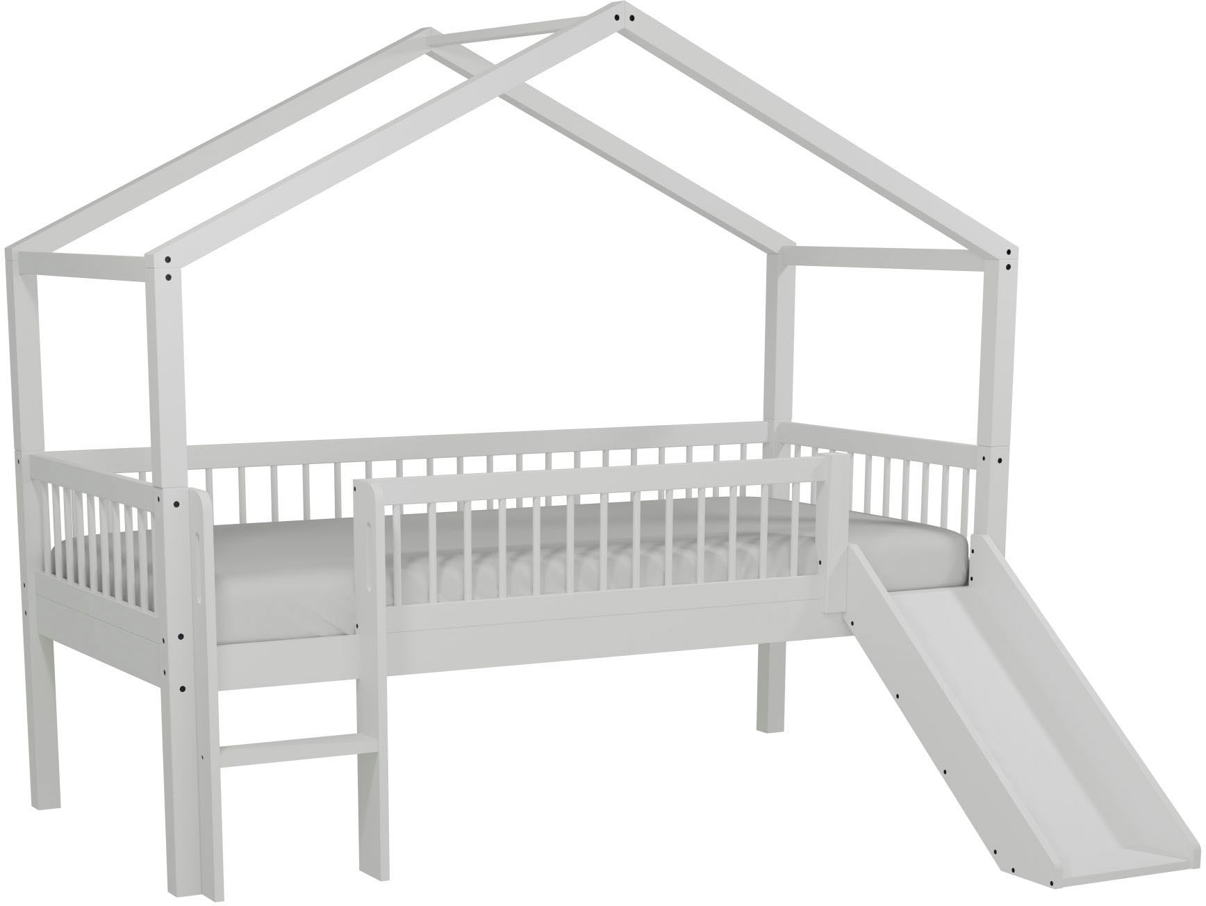 Vipack Hausbett »Forrest ist ein hochwertiges Massivholz Haus Bett "Made in Europe"« inkl. Rolllattenrost, Dachaufbau, Absturzschutz, Leiter und Rutsche,  wahlweise aus massiver Eiche geölt oder Buche massiv weiß lackiert