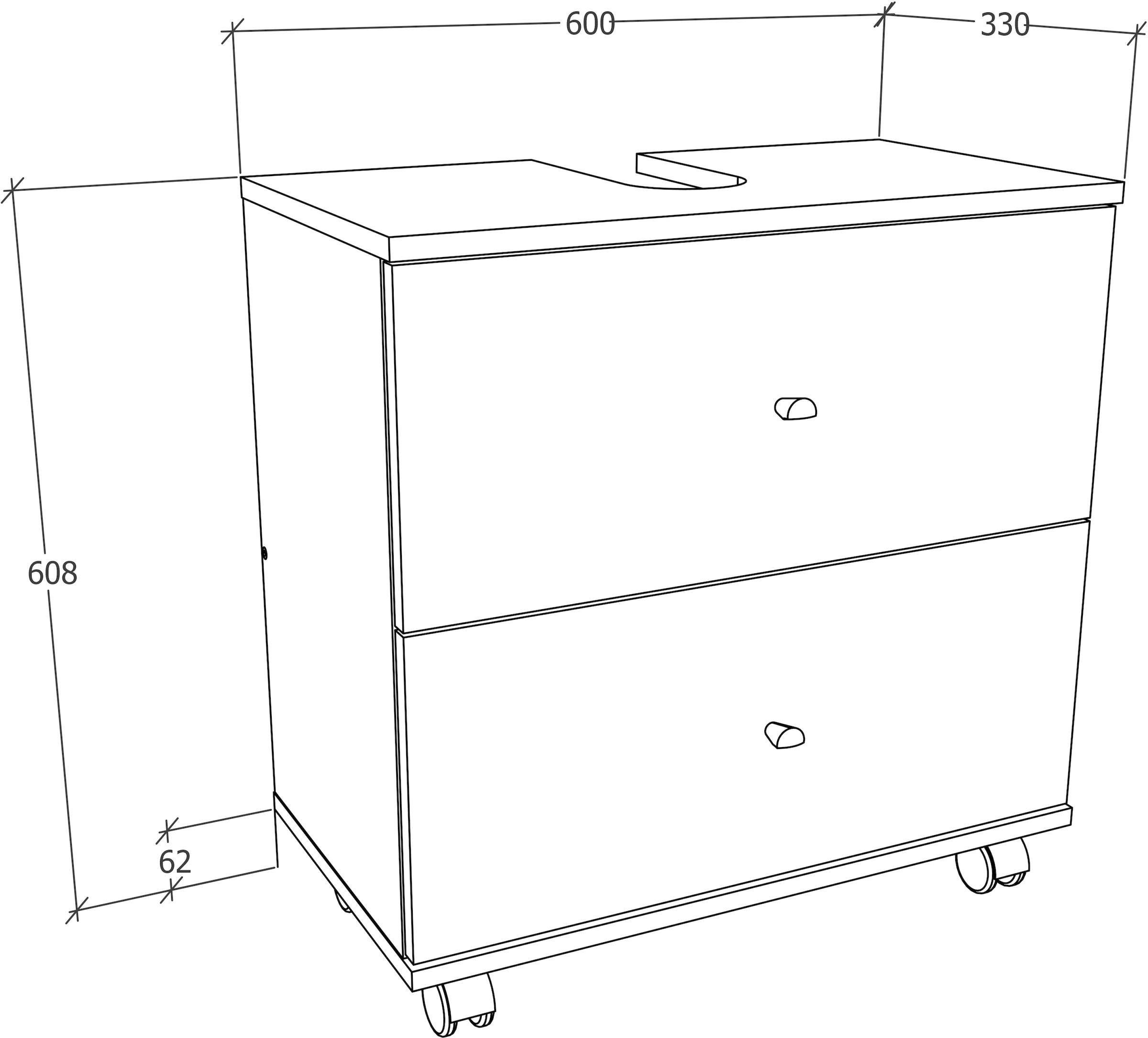 VCM Waschbeckenunterschrank »VCM Holz Waschbeckenunterschrank | Badschrank | Maße: H. 61 x B. 60 x T. 33 cm | 2 große Schubladen | 4 Rollen - Nilosi L«, (1 St.)