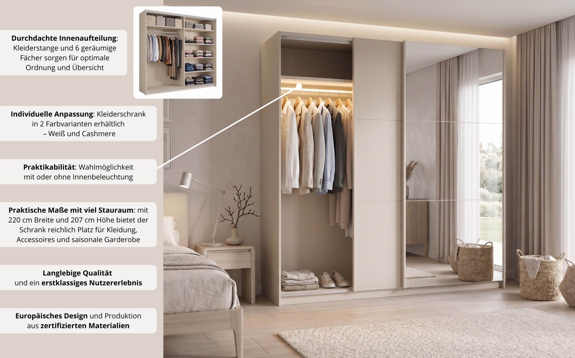 Home affaire Kleiderschrank »LISELOTTE mit Spiegel, wahlweise mit Beleuchtung, Breite 221 cm« Garderobe mit 2 Schwebetüren, weiß oder cashmere, B/H/T: 221×207×60 cm