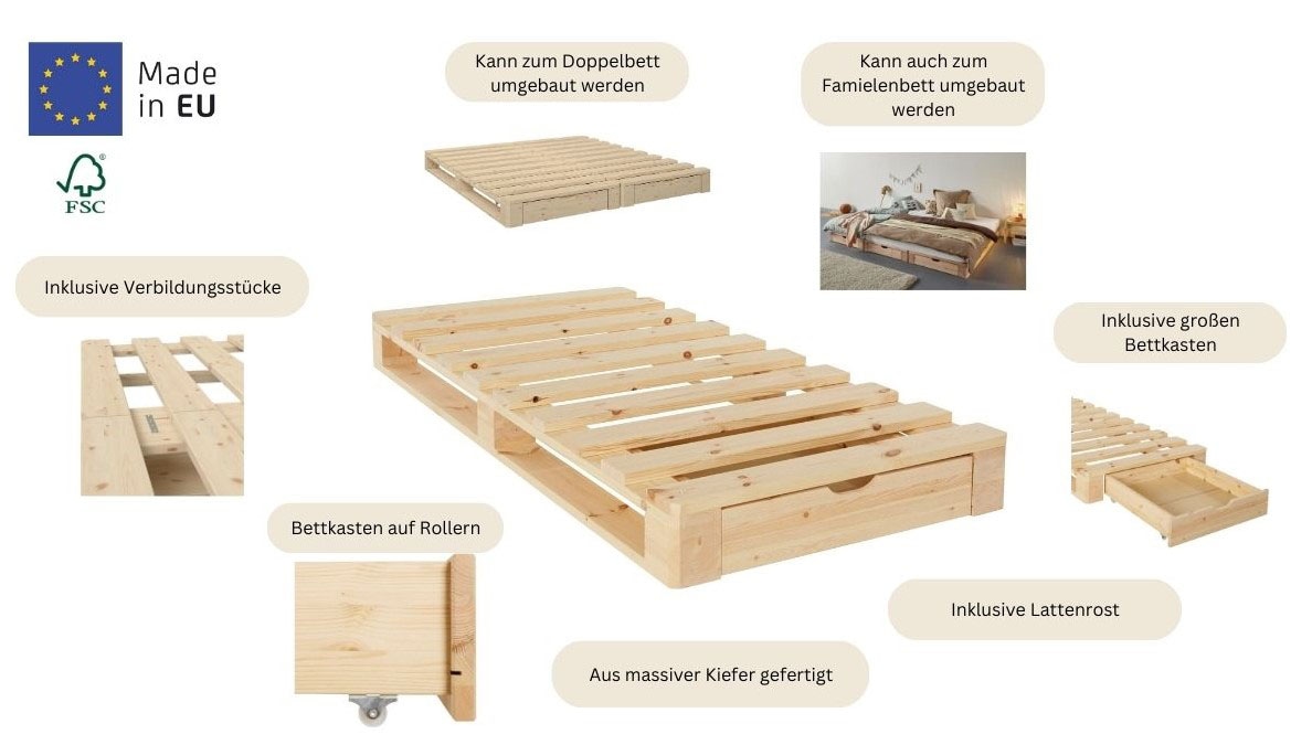 Home affaire Palettenbett »"ALASCO " BESTSELLER! Mit Schublade«, zertifiziertes Massivholz, erweiterbar zum Doppel- oder Familienbett