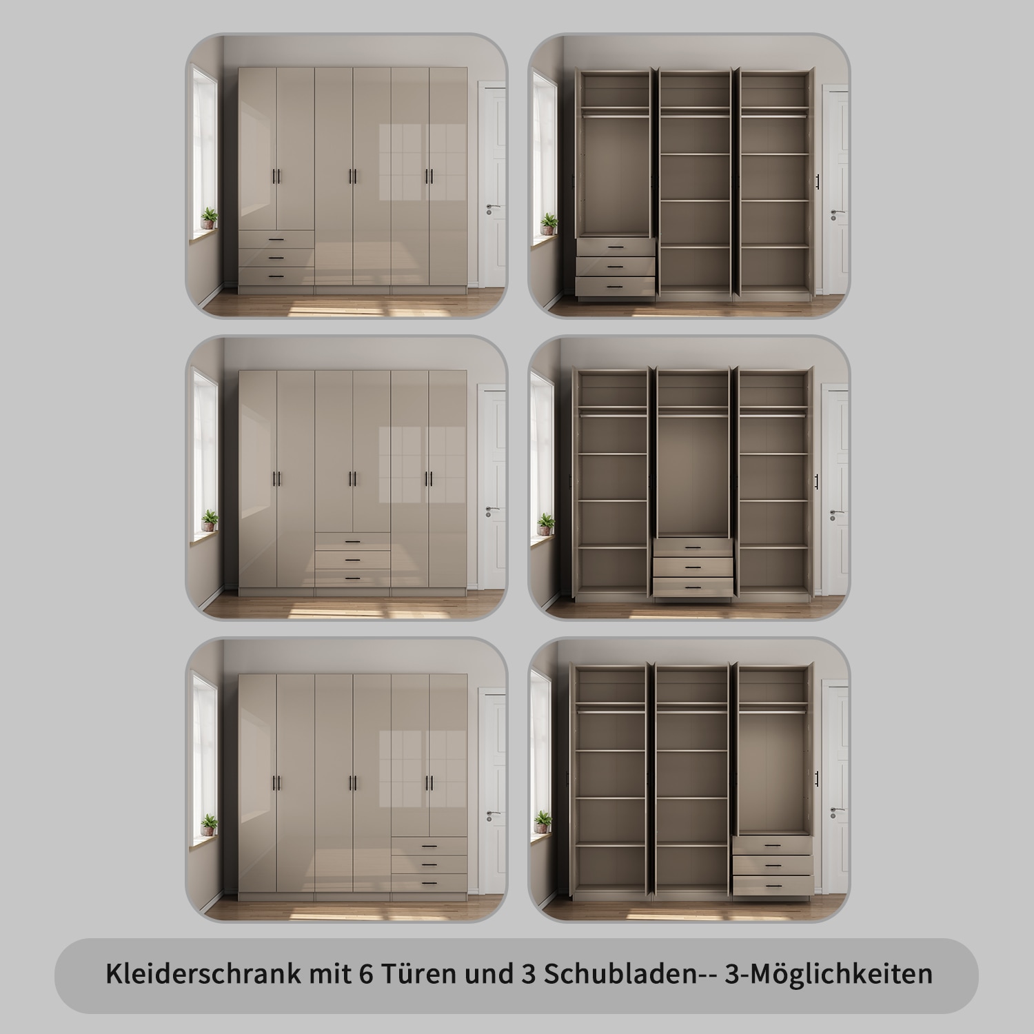 OTTO home Kleiderschrank »Trento Schlafzimmerschrank Garderobe hochglanz« in 2 unterschiedlichen Schrankhöhen wählbar,  Schrank mit 6 Türen und 3 Schubladen, hochglanz Fronten, Höhe 2,39m