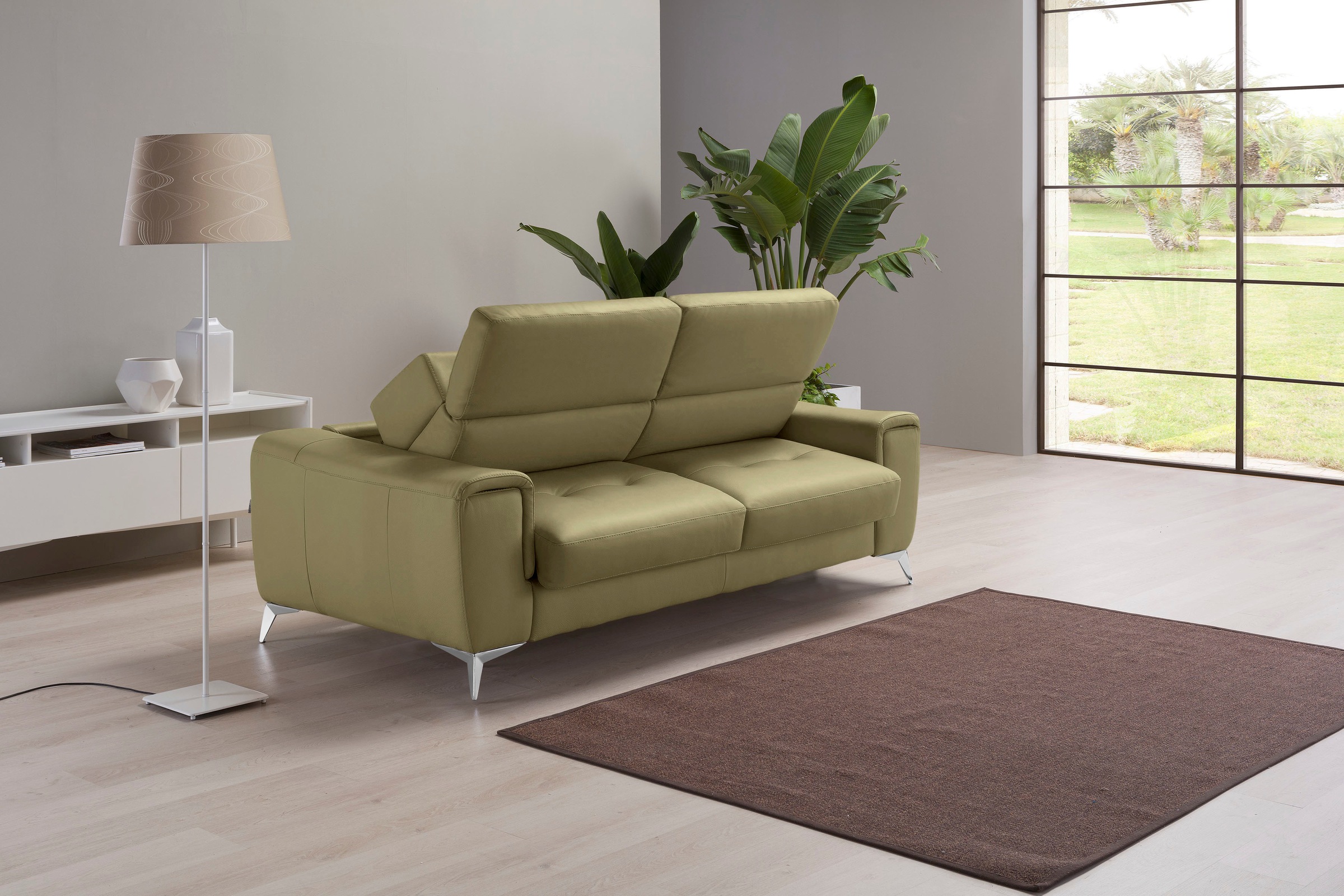 Egoitaliano Schlafsofa »Francine Designsofa, Loungesofa mit Dauerschlaffunktion, Breite 233 cm«, mit Bettfunktion, Leder BULL, salbei, Fußfarbe chrom