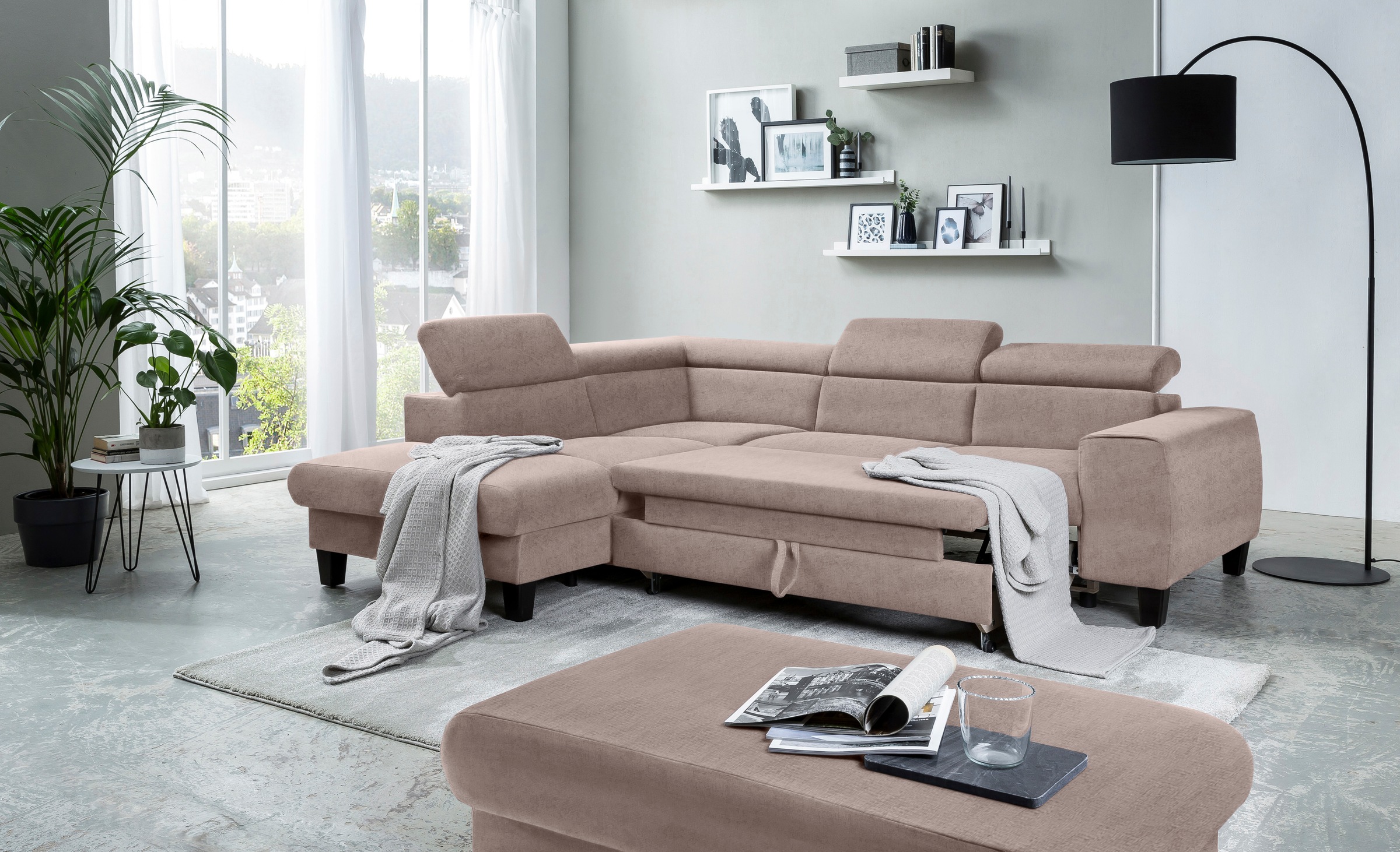 COTTA Ecksofa »Morven L-Form mit Kopfteilverstellung«, wahlweise mit Bettfunktion, Bettkasten & Wireless-Charger
