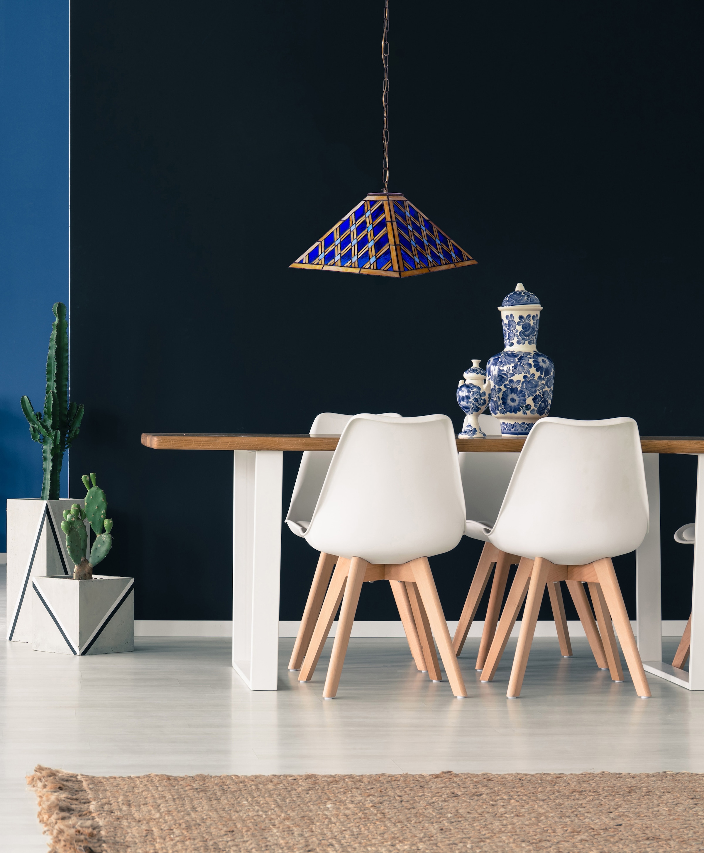 näve Pendelleuchte »Pyra«, 1 flammig, Leuchtmittel E27 | ohne Leuchtmittel, Tiffany-Stil pyramidenförmig Glas blau/gold 1xE27 Pendel 80cm