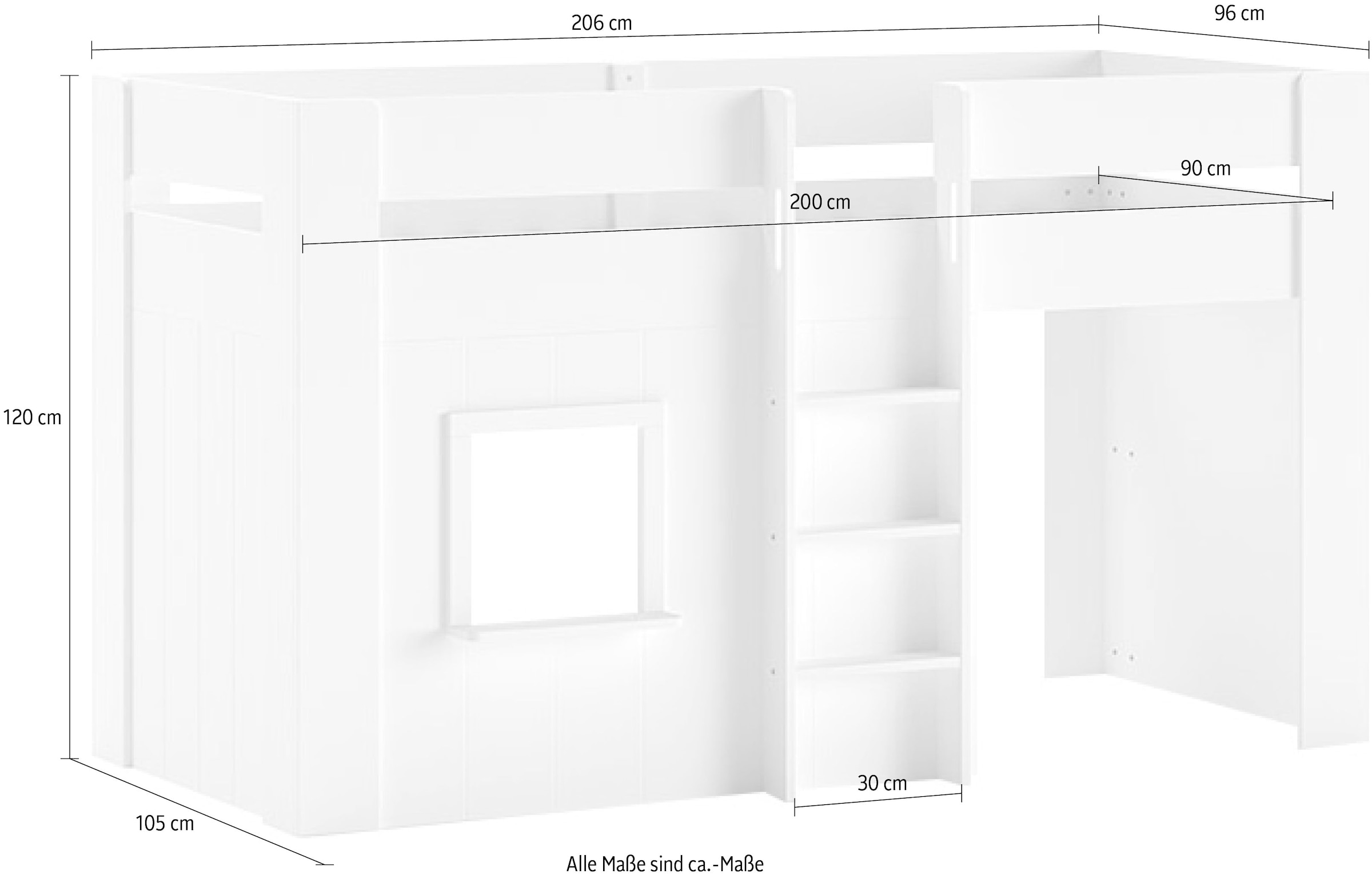 Vipack Hochbett »Reno, ein tolles Hüttenbett mit hoher Standfestigkeit, weiß lackiert«, (B/H/T ca. 206x120,1x105cm, Leiter mittig, Fenster und Absturzschutz), inkl. Rolllattenrost, Rückseite offen und Spielfläche unter dem Bett