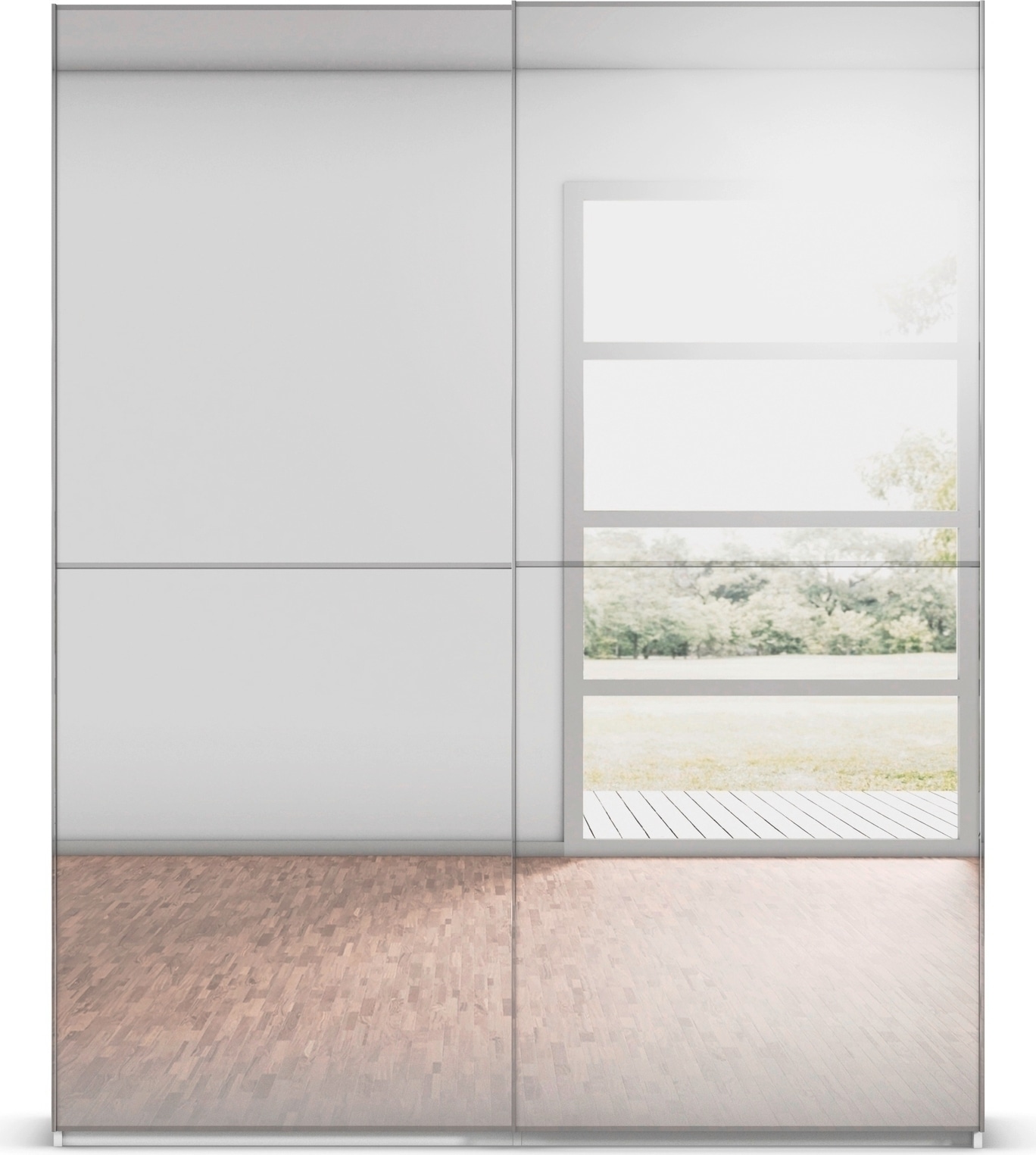 rauch Schwebetürenschrank »Kleiderschrank Schrank Garderobe Schlafzimmerschrank SCALE-DUO« edle zweigeteilte Türen Spiegelfront und 3 Zierleisten MADE IN GERMANY