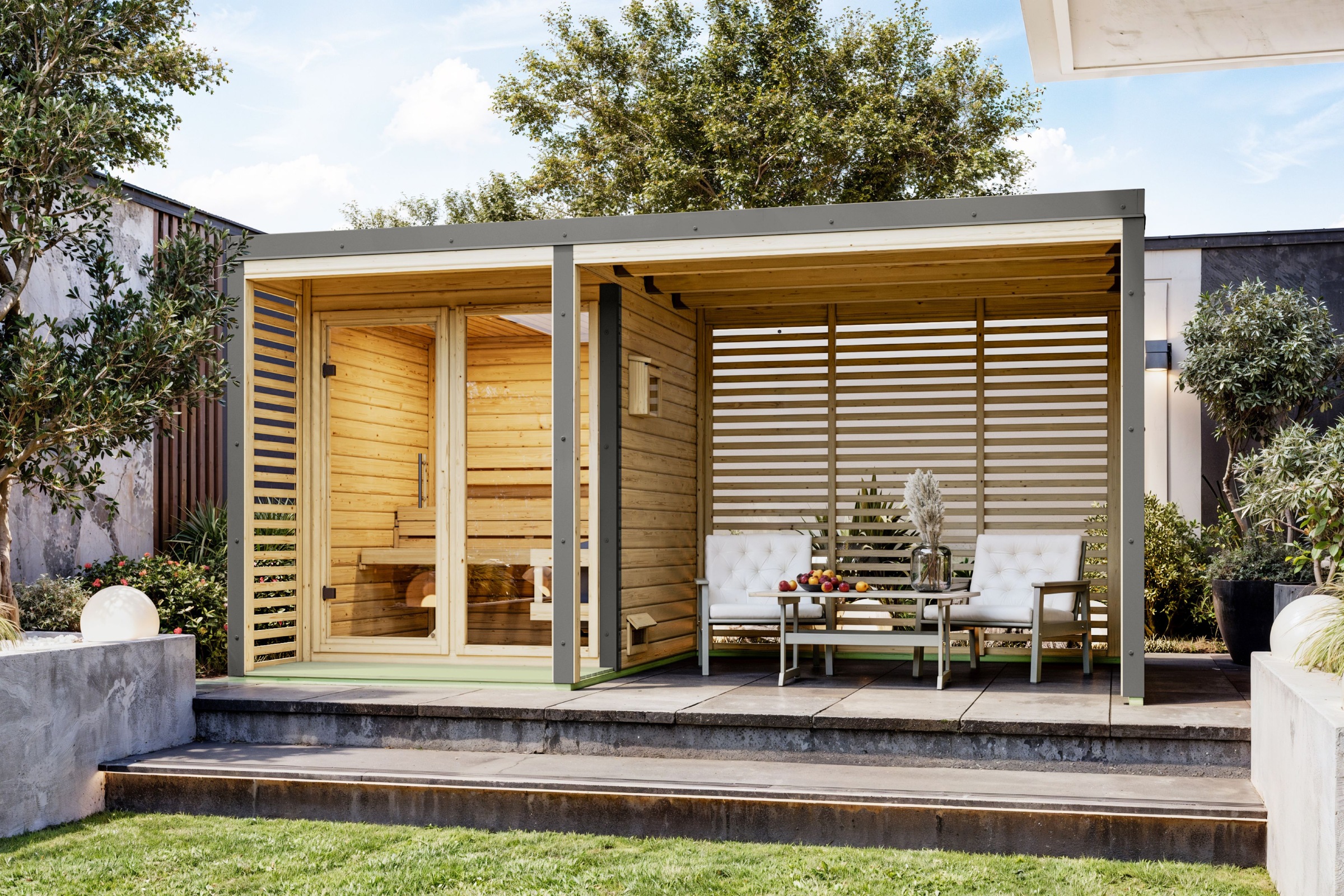 Karibu Saunahaus »"Adrian 1" naturbelassen-graualuminium« Nordischer Fichte,Stahlecken- und Dachabschluss, Ofen 9kW externe Strg