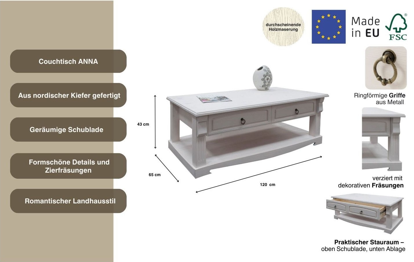 Home affaire Couchtisch »Anna«, (Gesamtmaße (B/T/H): ca. 120/65/43 cm), Kaffeetisch mit Schublade und Ablage, Massivholz, FSC®