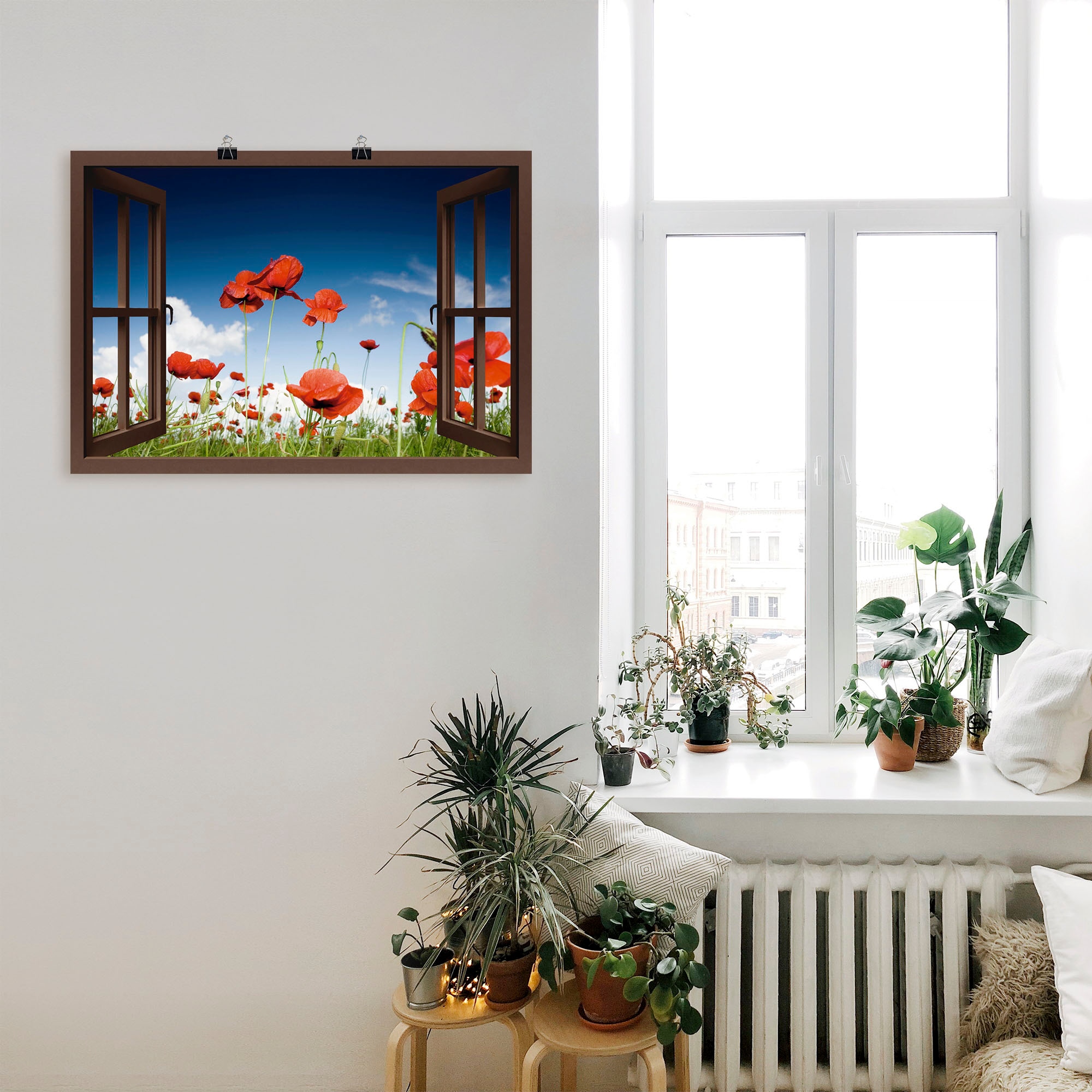 Artland Poster »Fensterblick Feld mit Mohnblumen, braun«, Fensterblick, (1 St.), als Leinwandbild, Wandaufkleber oder Poster in versch. Größen