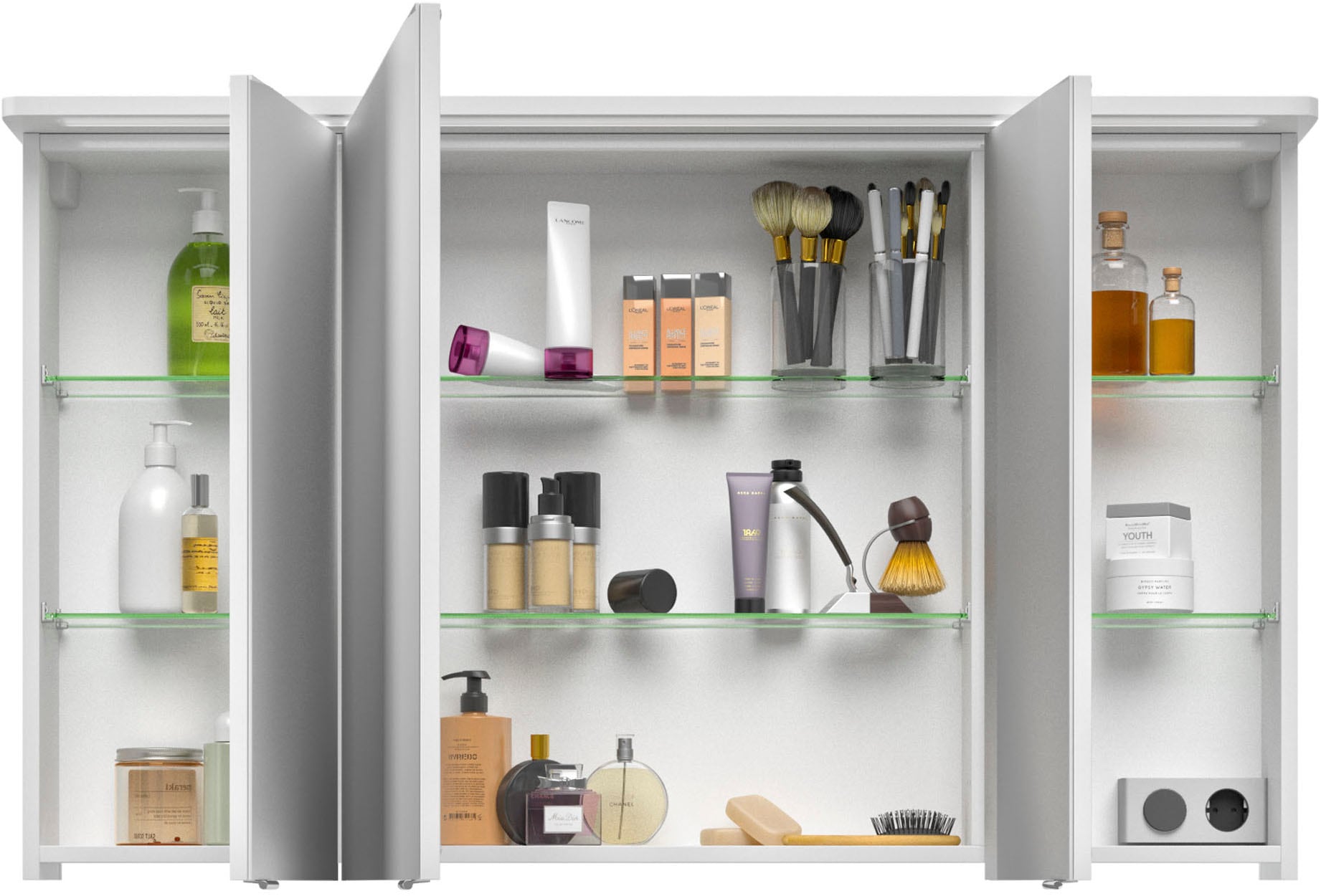 Saphir Badmöbel-Set »Serie 4005, vormontiert, Glaswaschbecken, Spiegelschrank«, (Set, 6 St.), Badezimmer-Set mit Unterschrank, Hängeschrank, Hochschrank, Türdämpfer