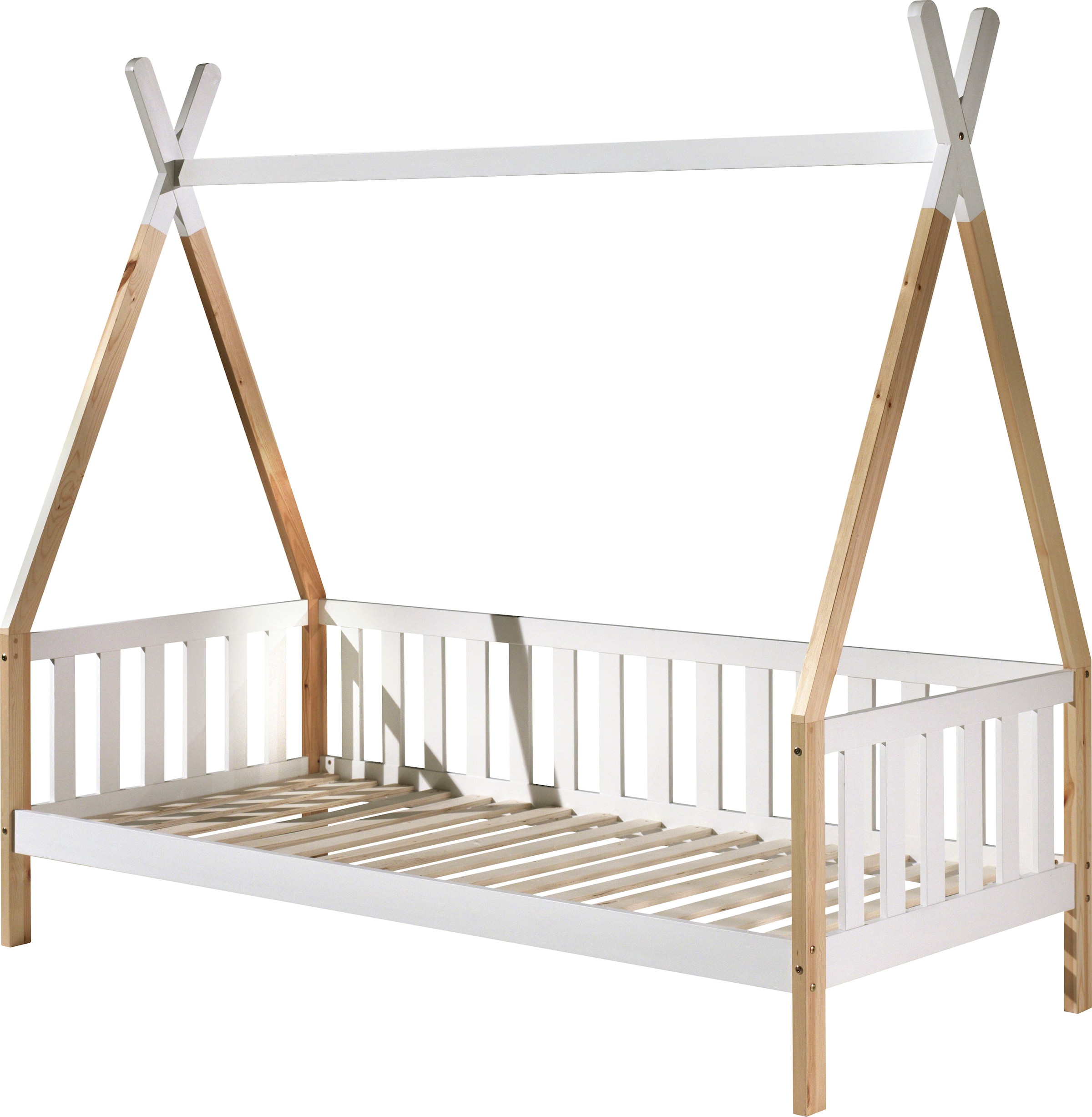 Vipack Kinderbett »Tipi, mit Querstange in Zelt-Optik, Kiefer massiv« B/H/T ca. 206x185,1x96cm, seitliche Sprossenumrandung,  inklusive Rolllattenrost und wahlweise mit Bettschublade