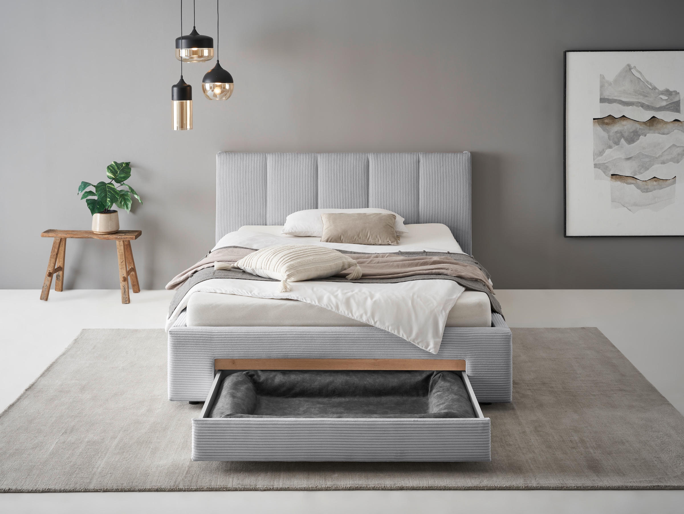 INOSIGN Polsterbett »CiTY/GiRON, Bettgestell mit Bettkasten, gepolstertes Stauraumbett«, mit Hundebett oder Stauraumschublade, Bezug Cord-oder Leinenoptik