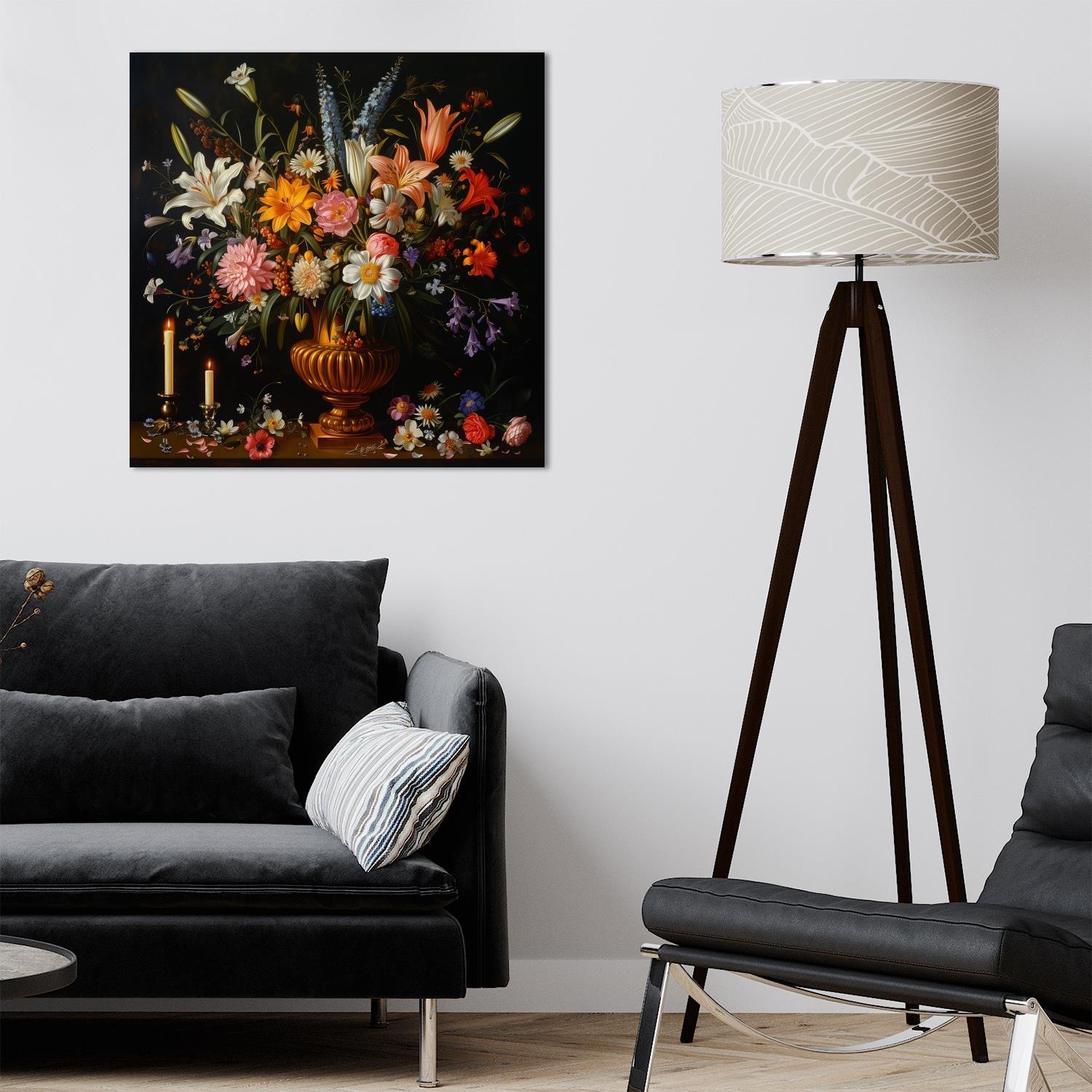 queence Leinwandbild »Blumenstrauß und Kerzen«, Blumen-Blumenbilder-Gemälde-Kunst-Pflanzen-Pflanzenbilder-Romantisch-Stillleben-Vasen-Vasen & Töpfe, (1 St.), Premium-Leinwandstoff, Handarbeit aus Deutschland